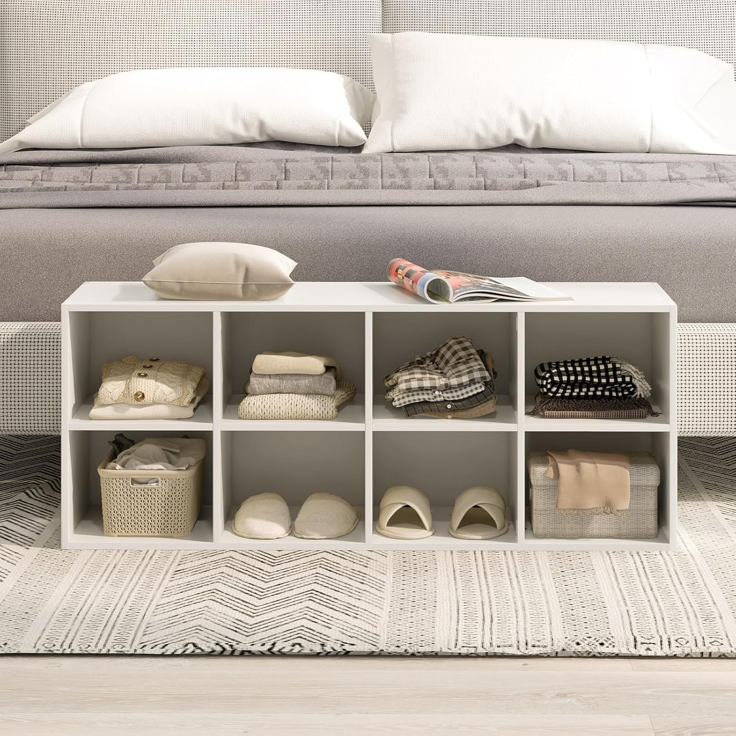 LOKO 8-Cubby Shoe Storage Bench, 40” Entryway Bench with Storage, 500 LBS Loading Capacity, Multifunctional Shoe Rack Organizer, Bed End Bench for Bedroom Living Room Hallway Mudroom (White)