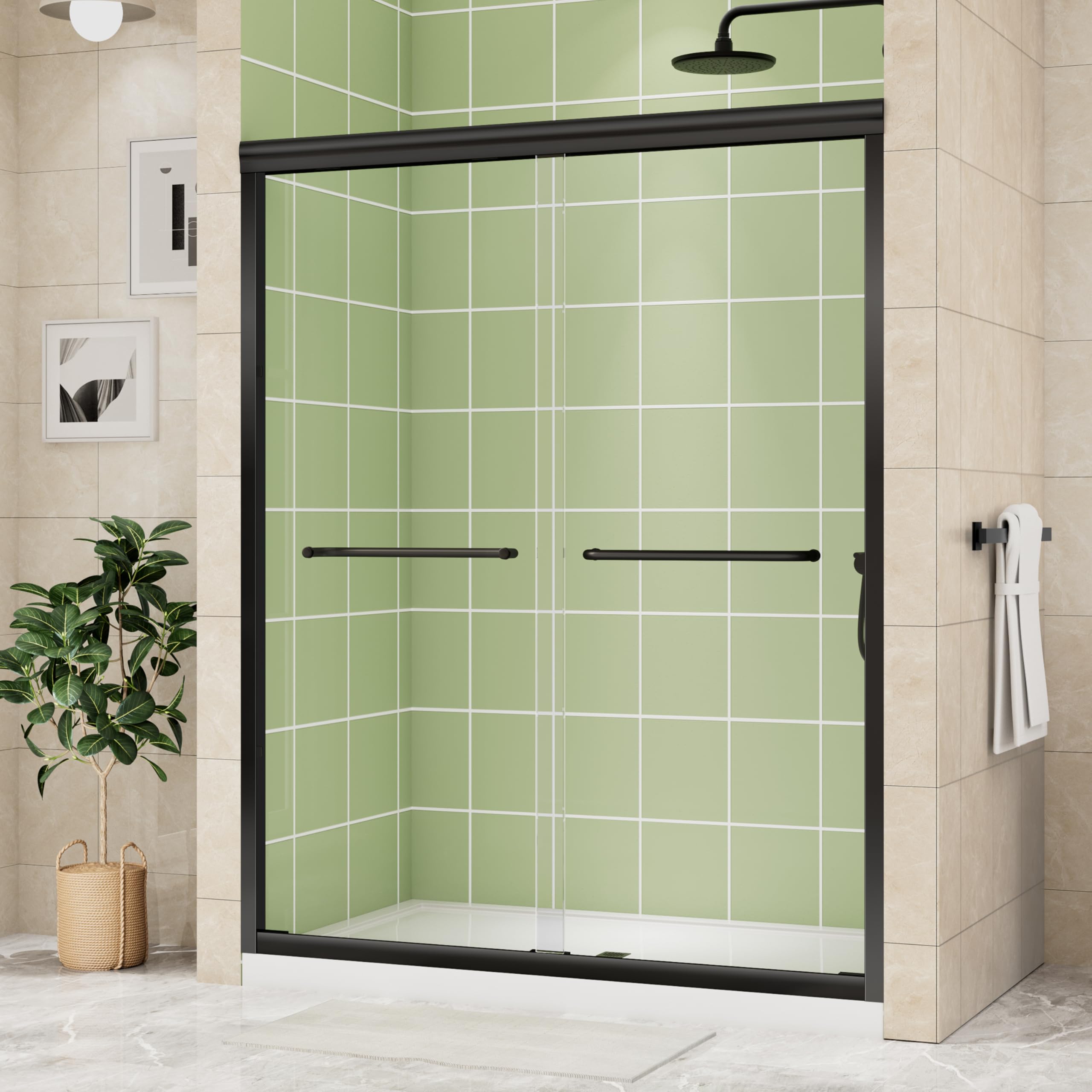 Photo 1 of DELAVIN 50-54" W x 72" H Semi-Frameless Double Sliding Shower Door, Black