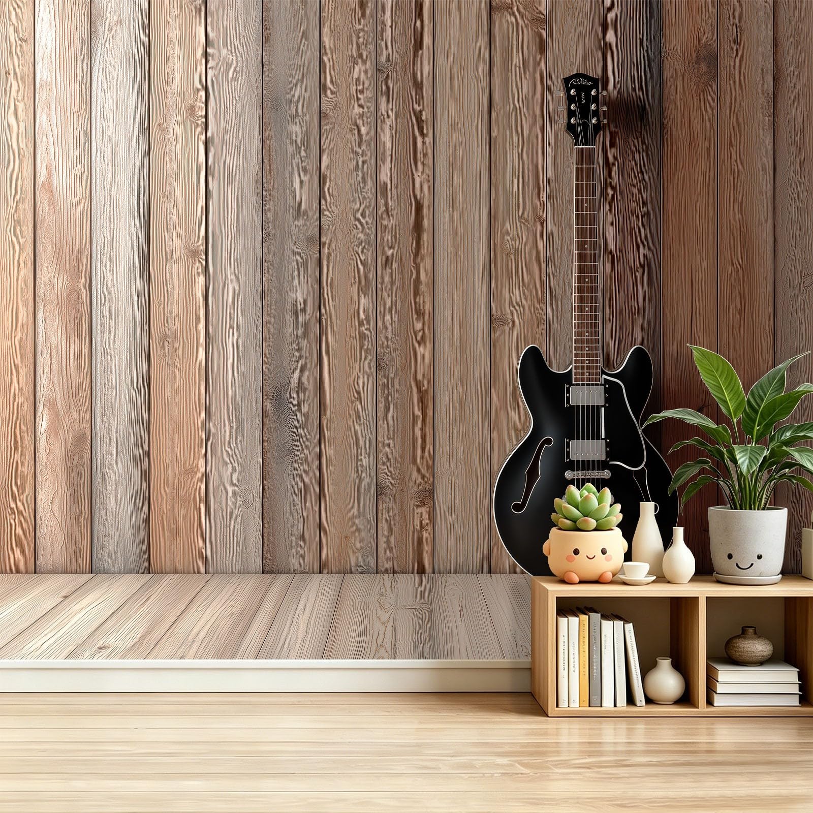 Przemysłowe fototapety Gitara Ściana Drewniane Narzędzie Czarny Kolor Tapeta Włóknina Dekoracja Salon Sypialnia Muzycy, 350 x 256 cm
