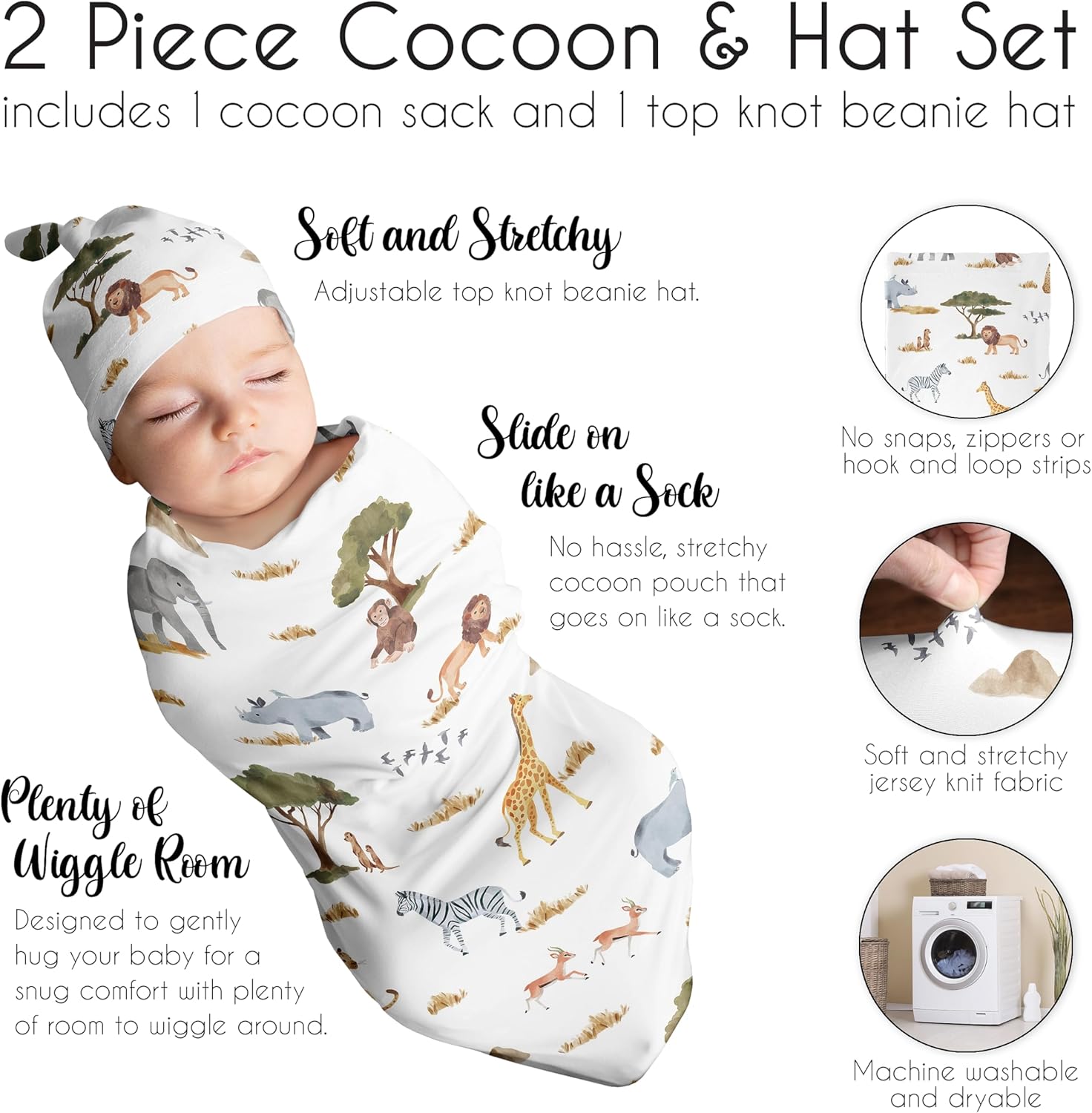 Sweet Jojo Designs Jungle Animals Boy Girl Gender Neutral Unisex Baby Cocoon Swaddle and Beanie Newborn Jersey Set Infant Wearable Blanket Going Home Outfit Set Green Boho Safari Elephant Giraffe