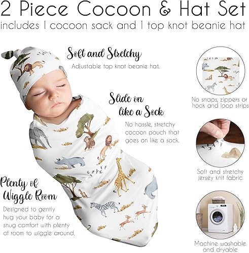 Miniatura 6 de Sweet Jojo Designs Jungle Animals - Conjunto de manta para bebé unisex con diseño de capullo y gorro para recién nacido, conjunto de manta para ir a