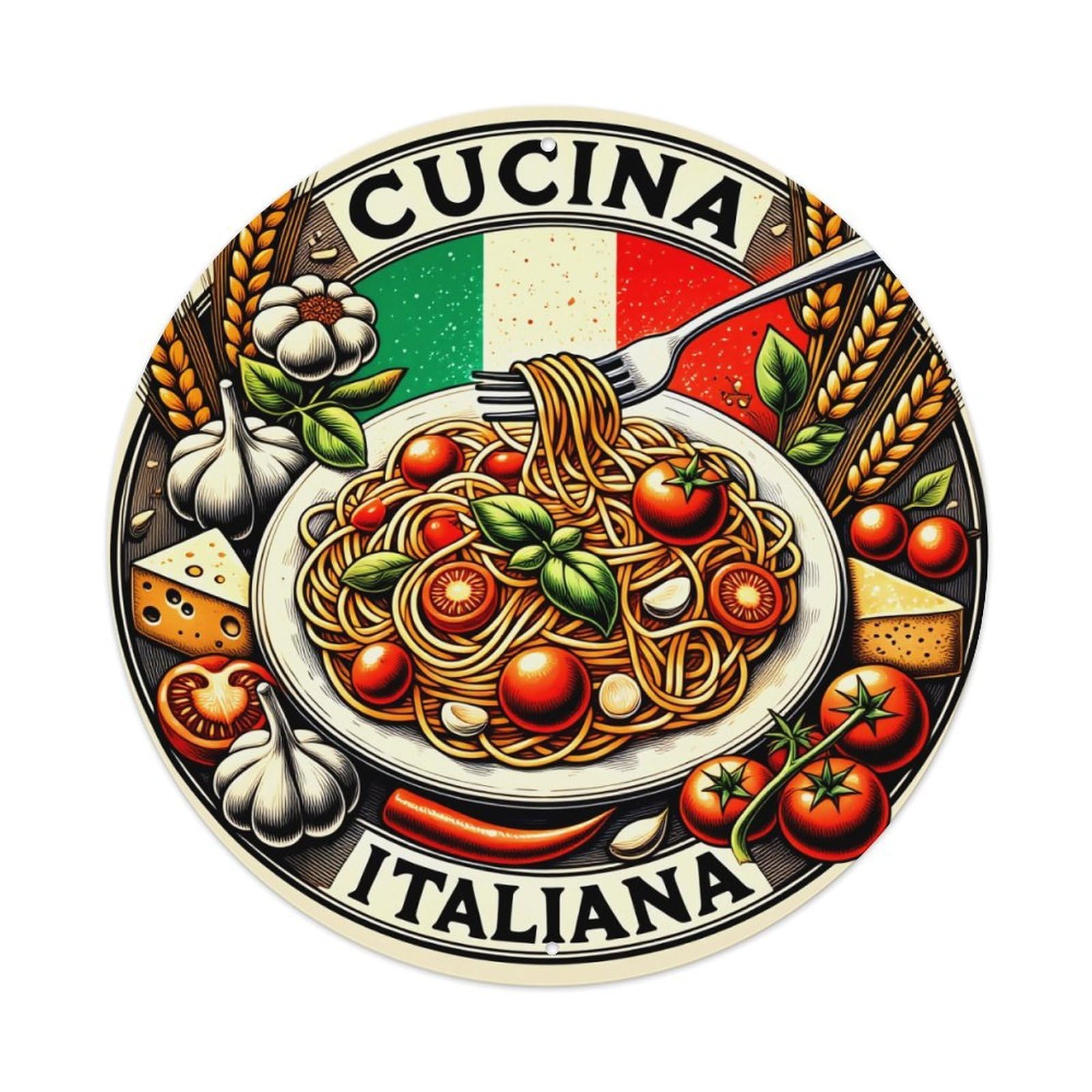 Italian Pasta Dish With Tomatoes And Basil Round Tin Sign Vintage Metal Sign Home Bar Garden Indoor & Outdoor Wall Decor Retro Metal Poster 8x8 Inch