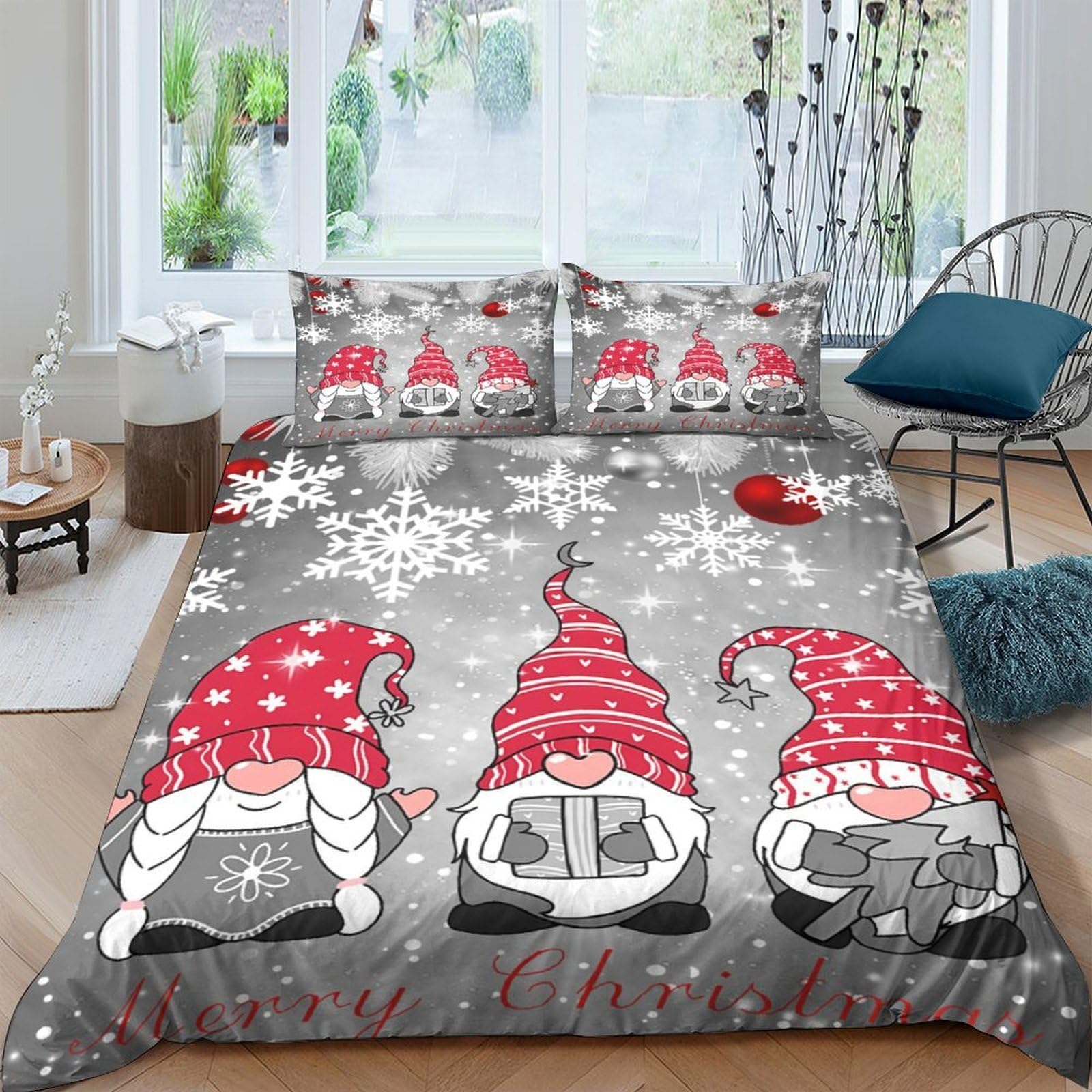 Ctjqhvkz Style-7 3D Printed Christmas Gnome Fitted Sheet Microfiber Soft Red Grey Snowflake Bed Cover For Bedroom Guest Room Dorm Mattress Protection Single（135X200cm）