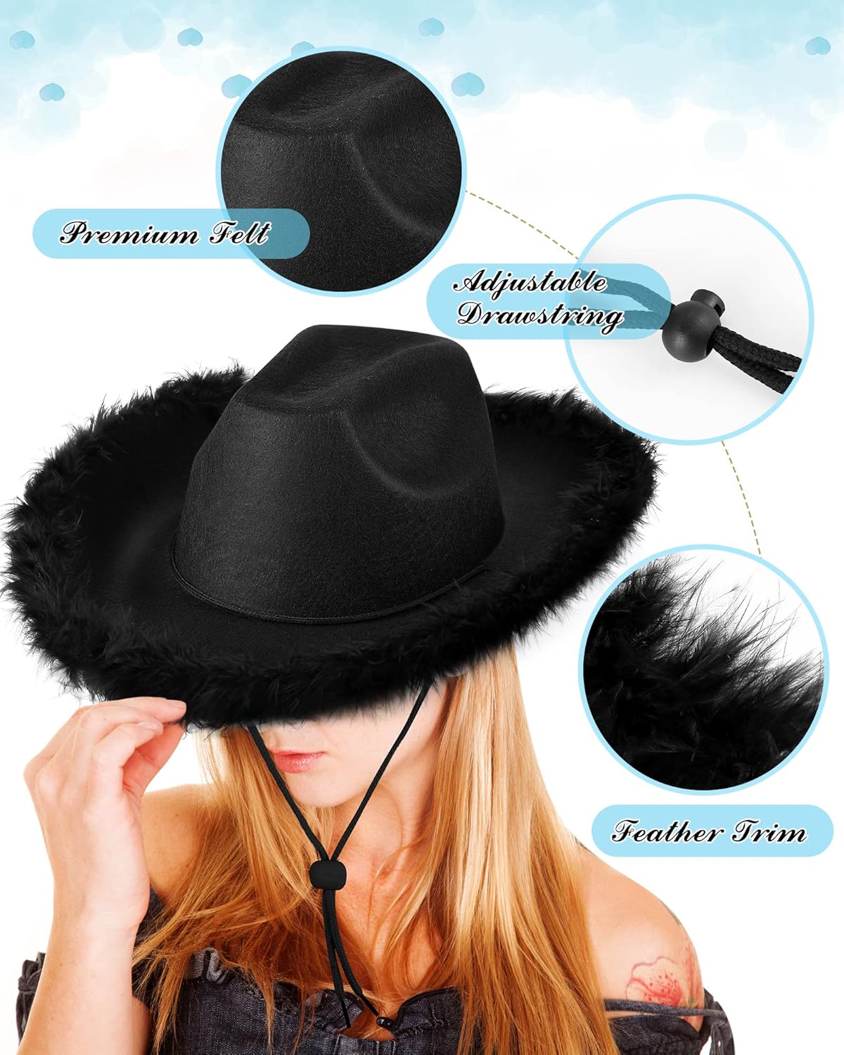 Tarpop Cowboy Hat Boa Cowgirl Hat with Feather for Women Bachelorette Western Wedding Party Costume Accessories - Image 3