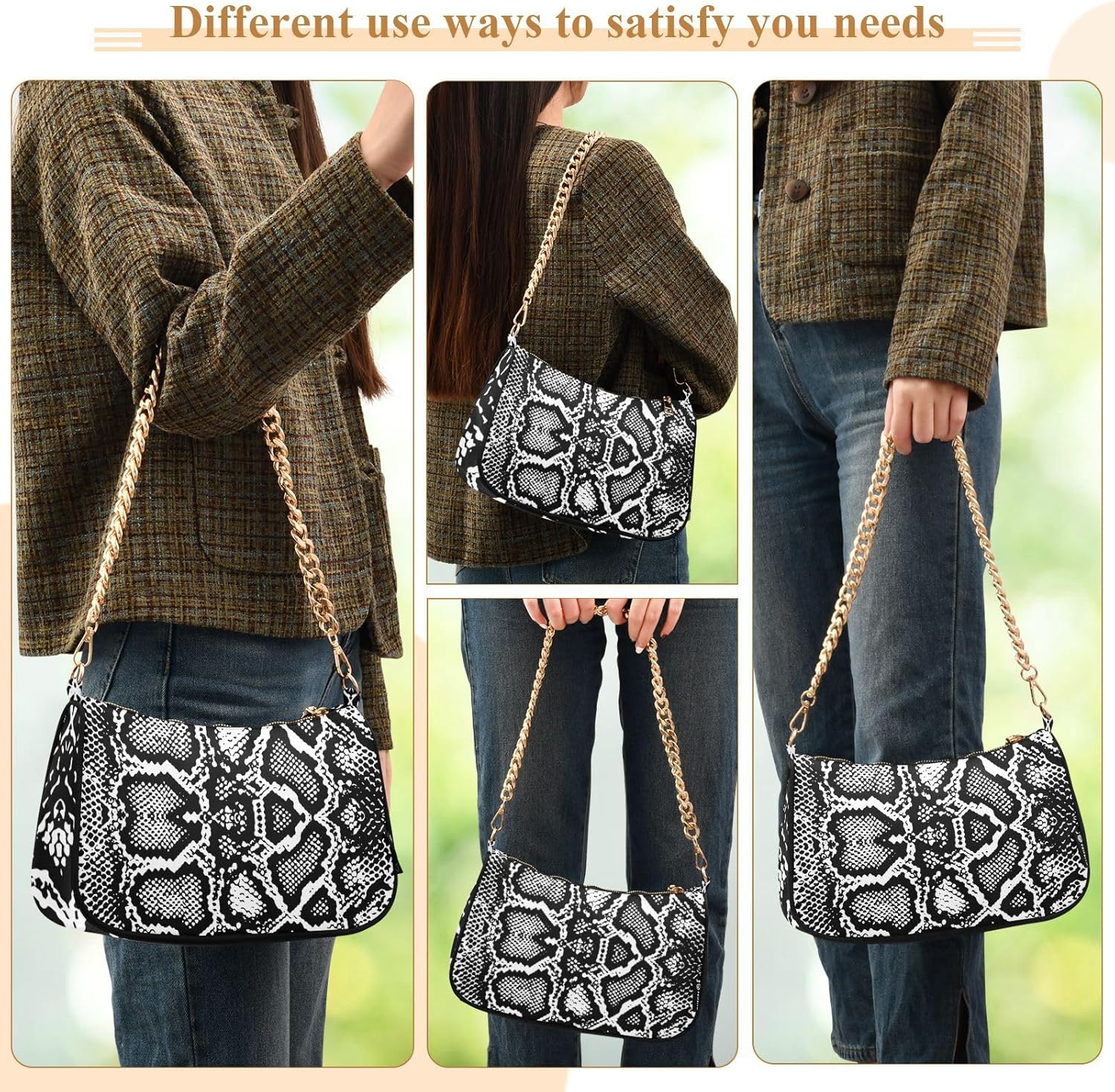 Shoulder Bag Snake Skin Black White Women Clutch Handbag Shoulder Purch Boho Bag Date Chain Bag Tote Bag Spring Holiday Birthday Gift for Girlfriend, Wife, Lover - Image 6