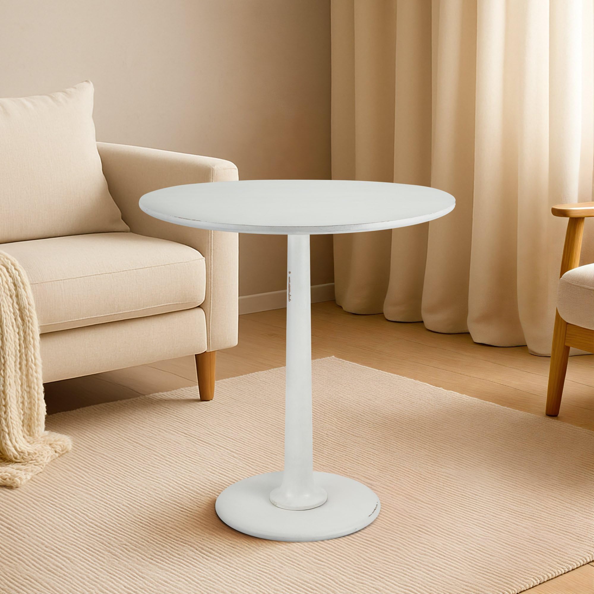 CLP Mesa Auxiliar Redonda Morristown, Mesa de Madera de Mindi Hecha a Mano, Mesa de Centro Maciza para salón y Comedor, Color:Blanco Envejecido