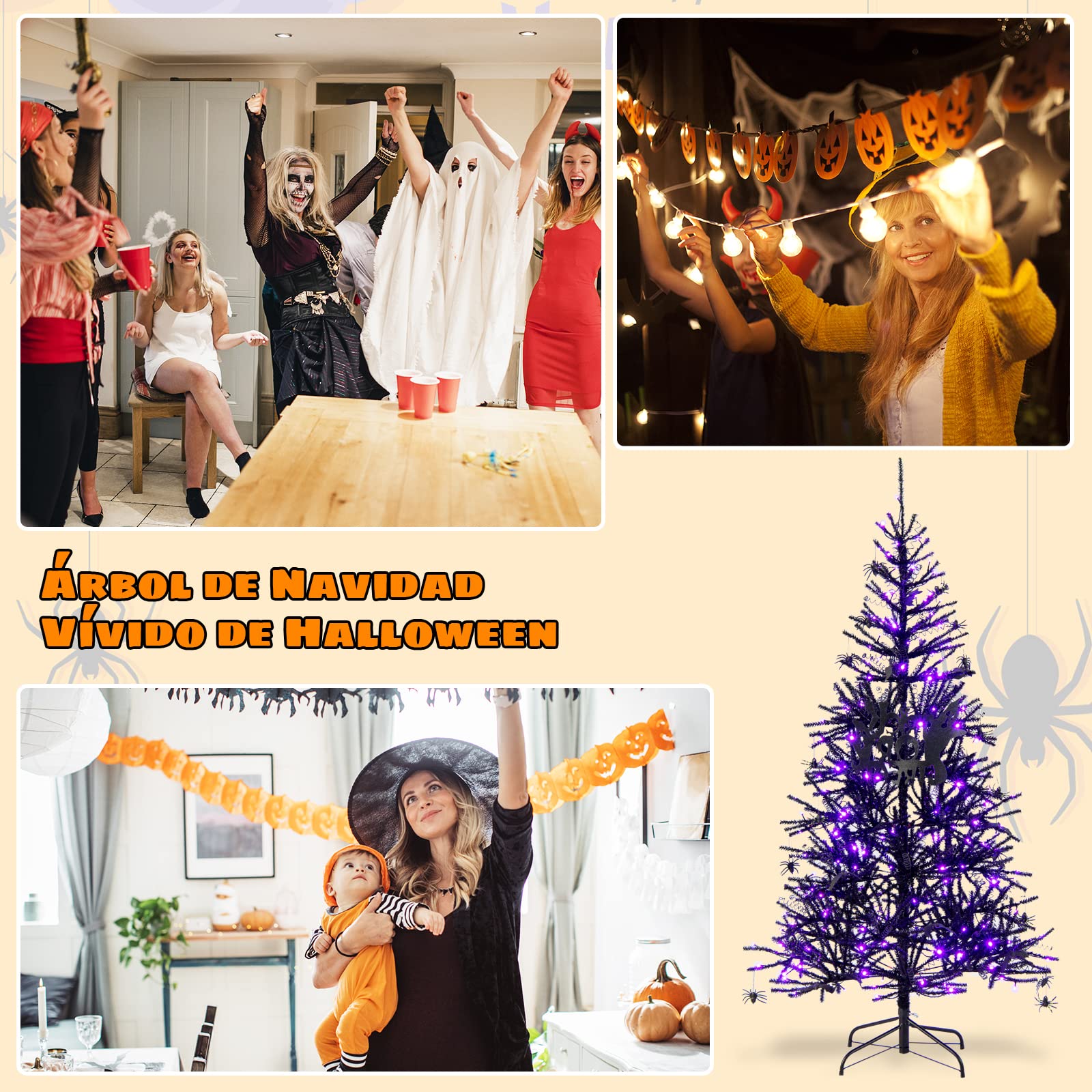 COSTWAY 180 cm Árbol Artificial de Halloween, Árbol de Halloween de Color Negro con 791 Puntas de Rama de PVC, 250 Luces LED y Adornos, Árbol Artificial Hogar, Oficina, Escuela, Instalación Rápida