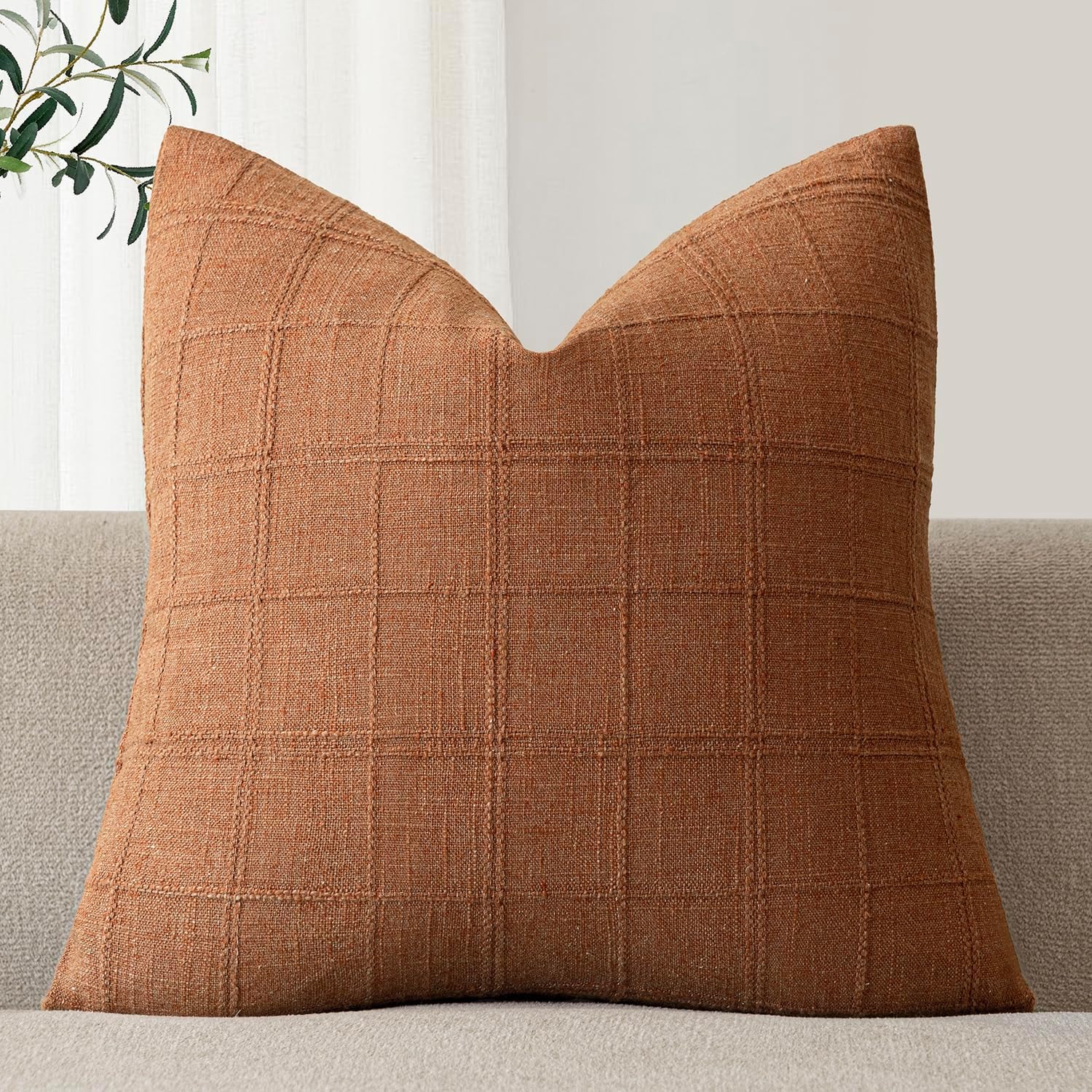 Foindtower Set of 1 Decorative Linen Check Throw Pillow Cover Neutral Farmhouse Vintage Cushion Cover Modern Boho Home Decor for Sofa Chair Couch Bedroom Living Room,26×26 Inch,Orange