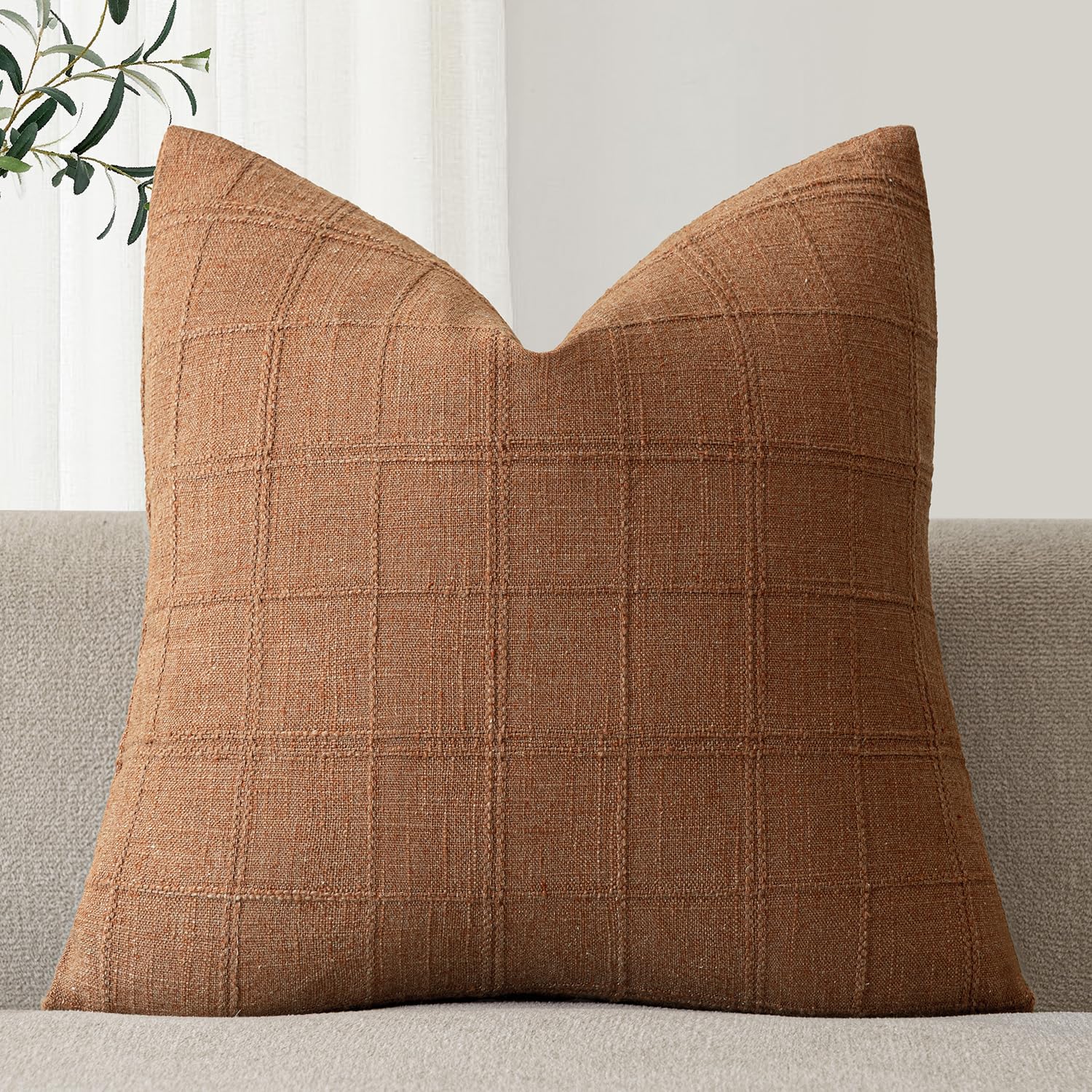 Foindtower Set of 1 Decorative Linen Check Throw Pillow Cover Neutral Farmhouse Vintage Cushion Cover Modern Boho Home Decor for Sofa Chair Couch Bedroom Living Room,16×16 Inch,Orange