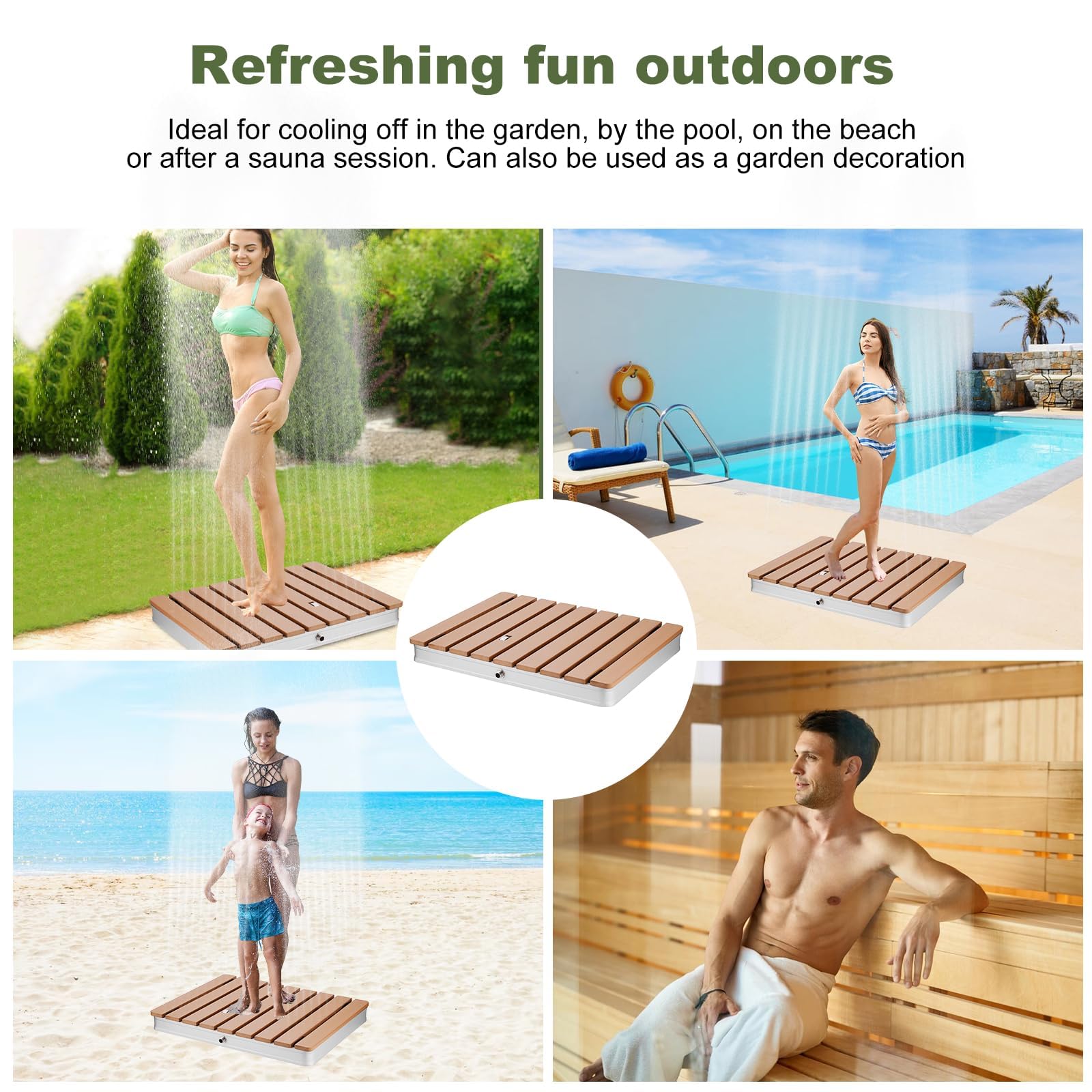Gartendusche Aussendusche, Bodendusche Outdoor mit Fußrad Einstellbar für Pool Sauna, Fontänenhöhe bis zu 3m, rutschfest, UV & Wetterfest, für Standard Gartenschläuche (Rechteck)
