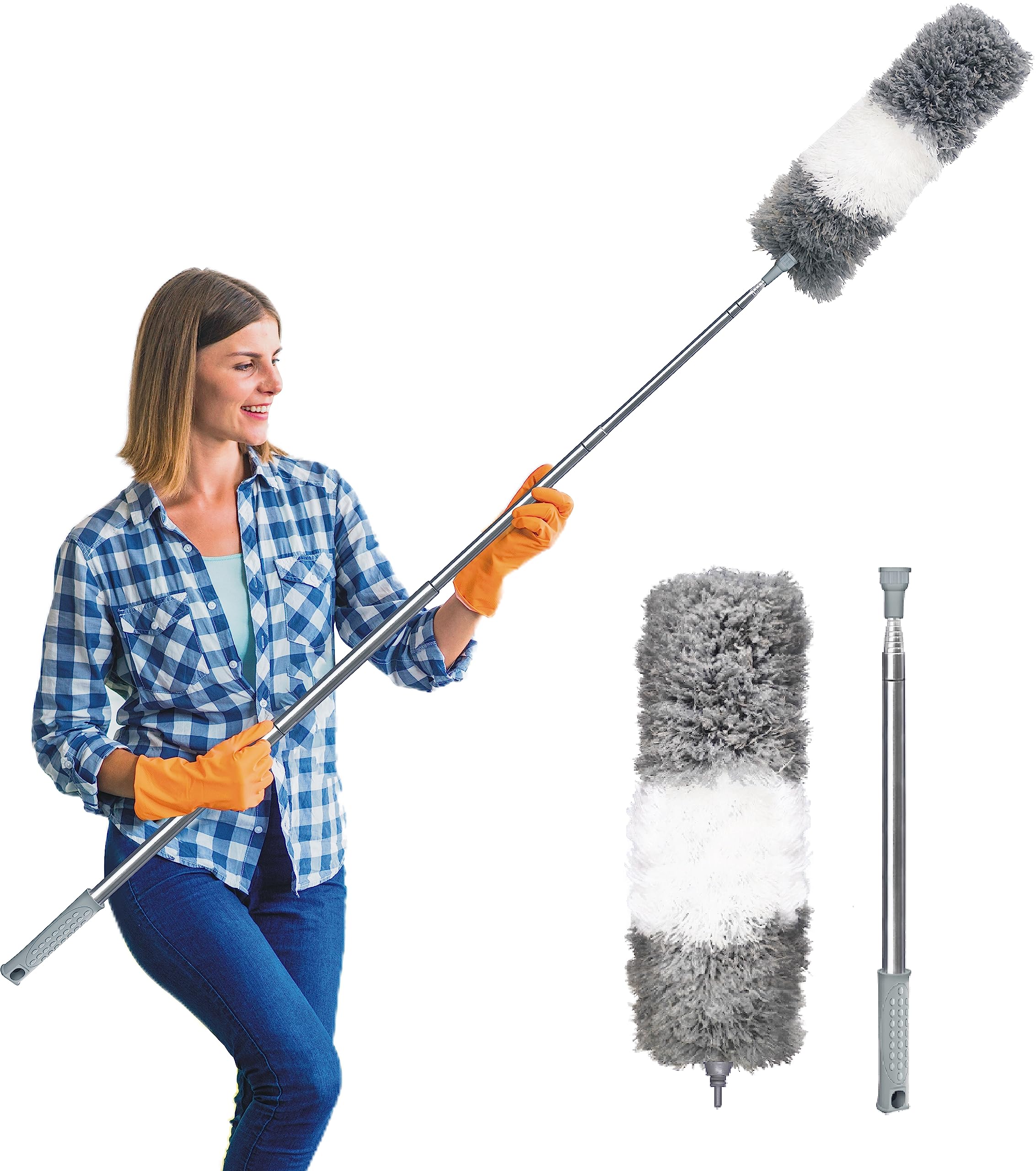 2025 Upgraded Microfiber Feather Duster for Cleaning Extendable 110 Inches Long for High Ceilings Home Furniture Car Telescopic Pole Feather Dusters Telescopic Duster Extendable duster (White & Grey)
