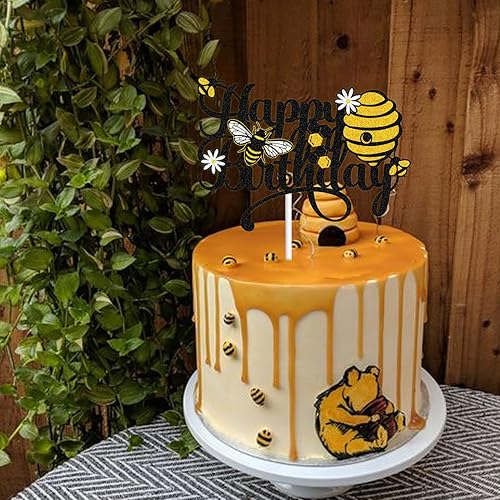 Miniatura 4 de WINPOGEE Bumble Bee Happy Birthday Cake Topper Happy Bee Day Decoración de fiesta de cumpleaños temática de miel Suministros de decoración para