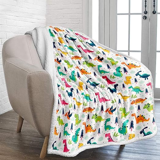 WONGS BEDDING Kids Throw Blanket Jurassic Dinosaur Printed Fleece Blanket Warm Reversible Cartoon Sherpa Blanket for Kids Adults Plush Microfiber Solid Blanket for Bed and Couch Twin Size 60