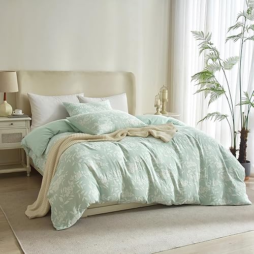 Miniatura 2 de mixinni Juego de funda de edredón verde salvia, tamaño King, diseño de hojas florales, de doble capa, de microfibra lavada jacquard, 1 funda de