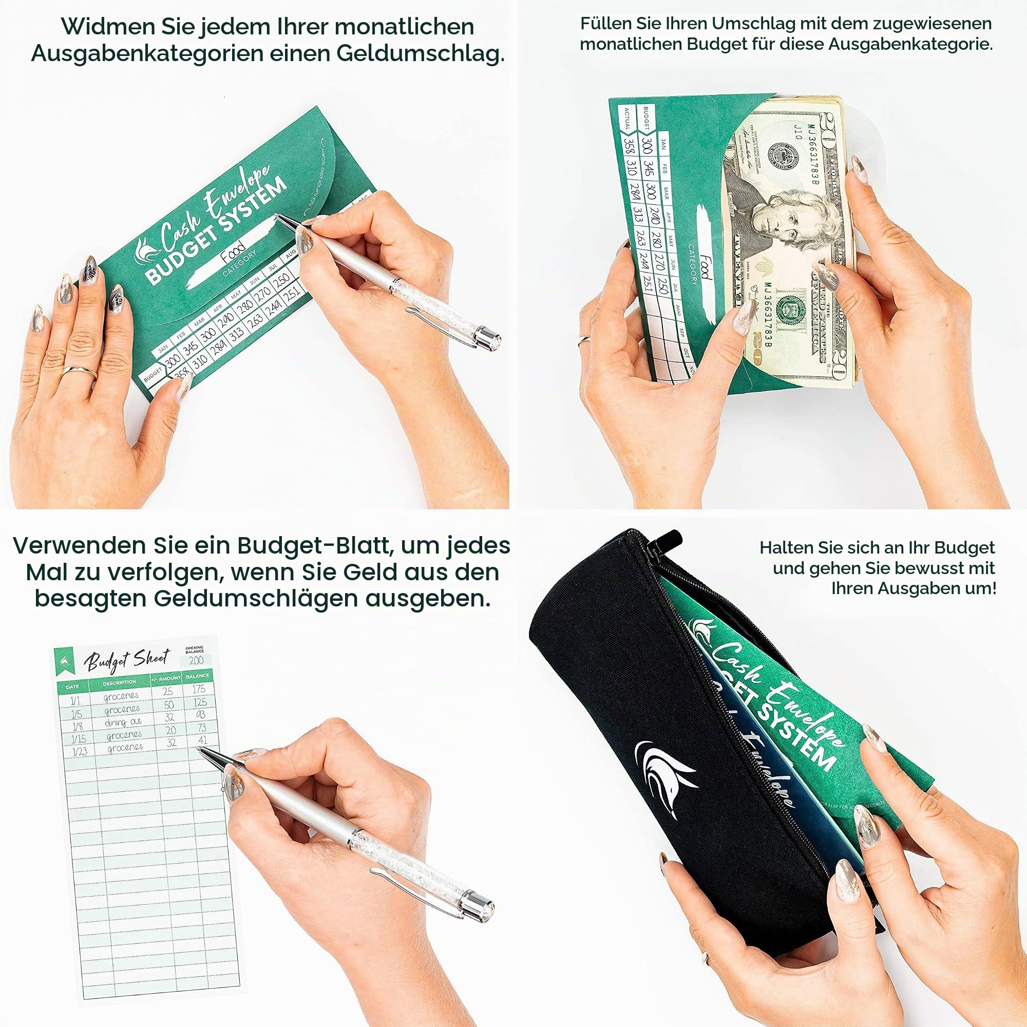 Clever Fox Geldumschläge für das Budgetsystem - Geldumschläge zum Budgetieren und Sparen, 12er-Pack in verschiedenen Farben, reiss- und wasserfest, + Tragetasche & 12 Budgetblätter - Sortierte Farben