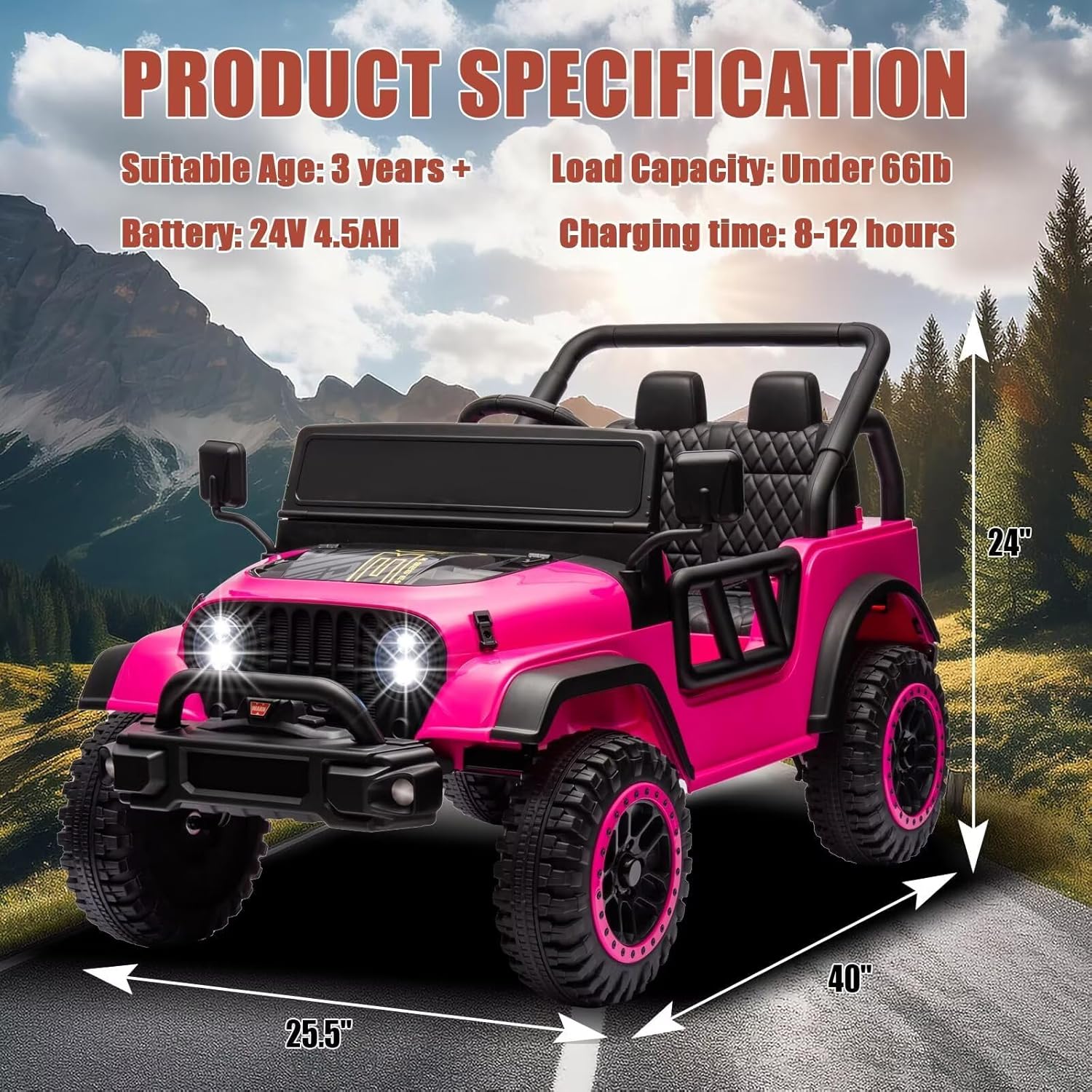24V 4WD Ride on Car Truck w/Remote Control Electric Car for Kids 4x4 Off-Road Quad Buggy UTV Soft Start Ride On Toys for Toddlers, Music Player, LED Lights, Bluetooth