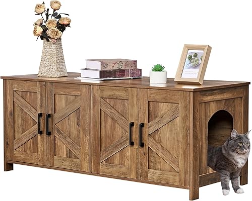 Caja de arena para gatos para 2 gatos, muebles ocultos con habitación doble, muebles de madera para baño, casa para gatos, 47.2 pulgadas de largo x