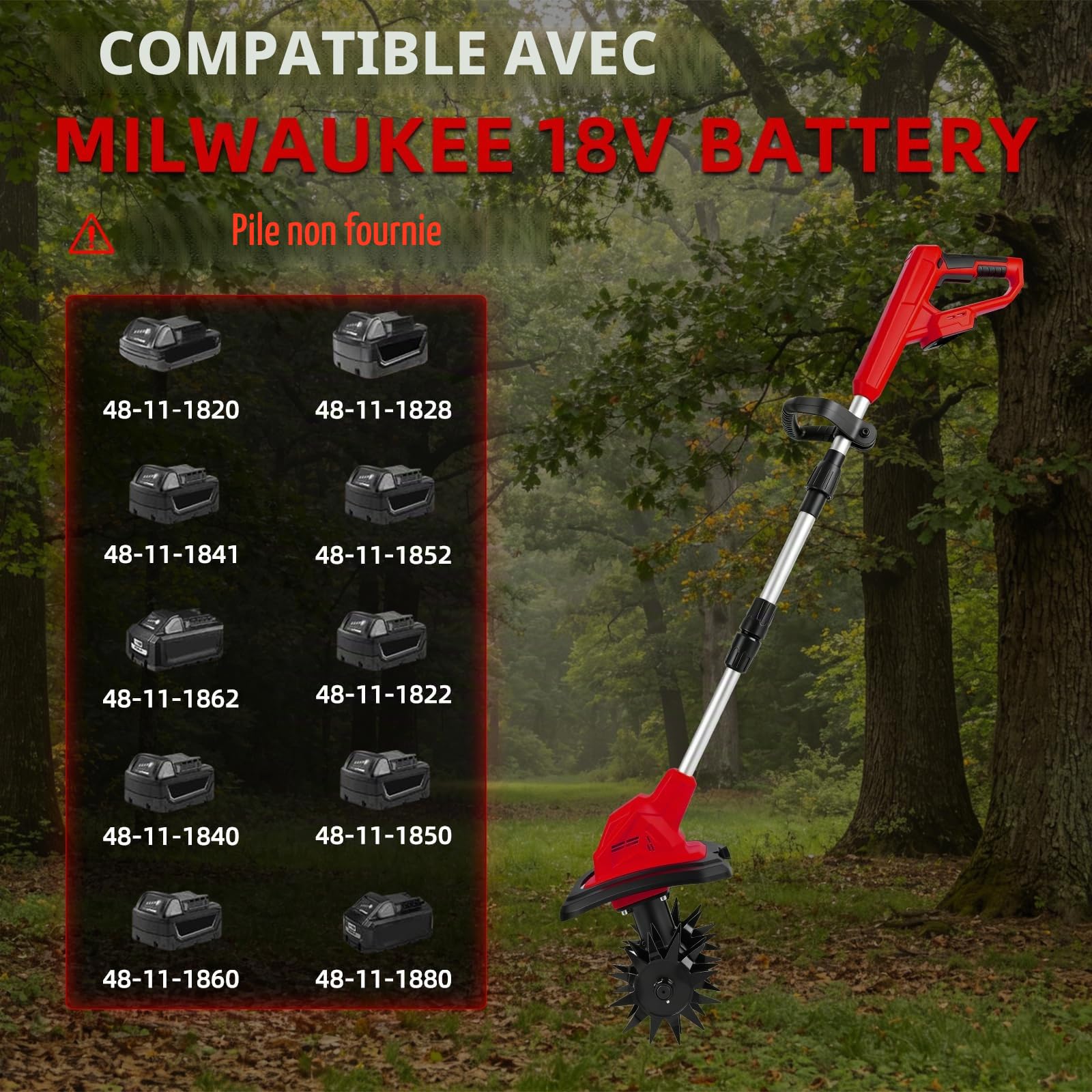 Motobineuse sans Fil Compatible avec Batterie Milwaukee 18V cultivateur de Jardin Pliable, Profondeur 22cm, Largeur 17cm, Moteur sans balais pour Petit Potager et Jardin (sans Batterie)