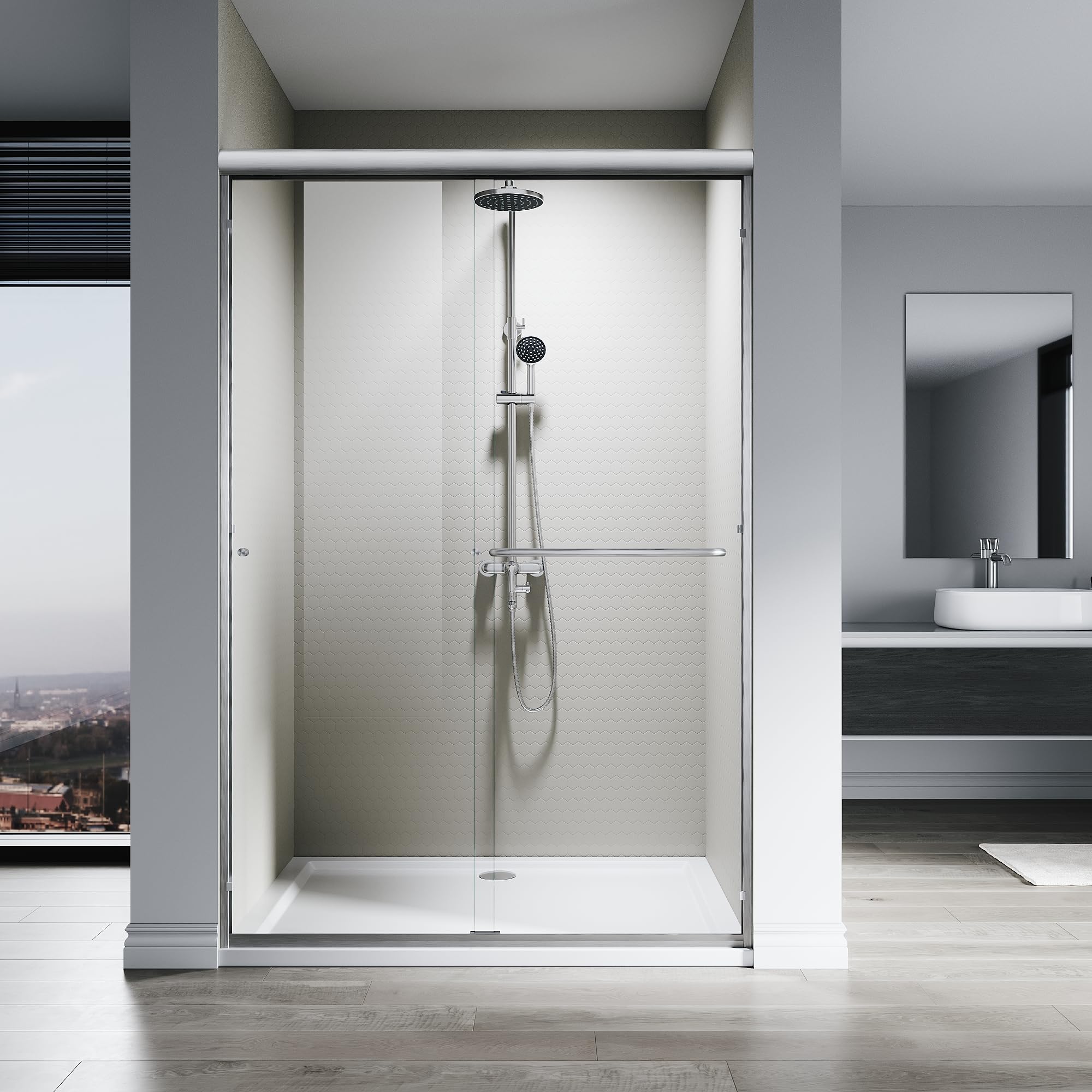 Sliding Shower Door, 48" W x 76" H, 1/4" Tempered Glass Shower Door, Sliding Shower Glass Door, Easy to Clean, Brushed Nickel Finish