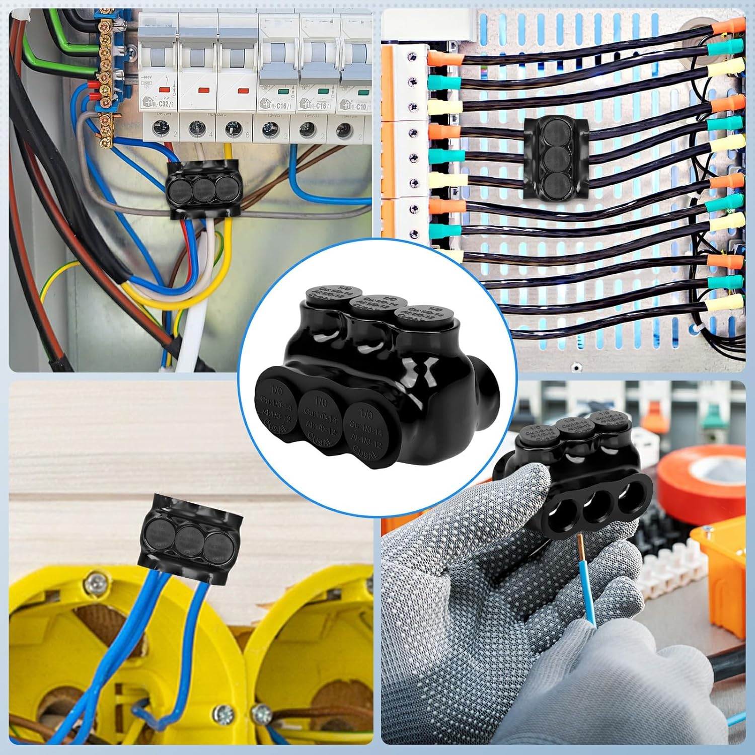 10 Pcs Insulated Multi Cable Connectors Black 3 Port Splice Multi Tap Connector Dual Sided Entry Aluminum Wire Connector Electrical Power Connectors (1/0-14 Wire Range)