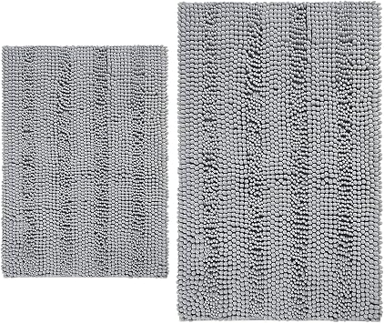 Grandaily Chenille Striped Bathroom Rugs, Bath Rug Size 24x16+30x20 in Grey, 2 Item Bundle