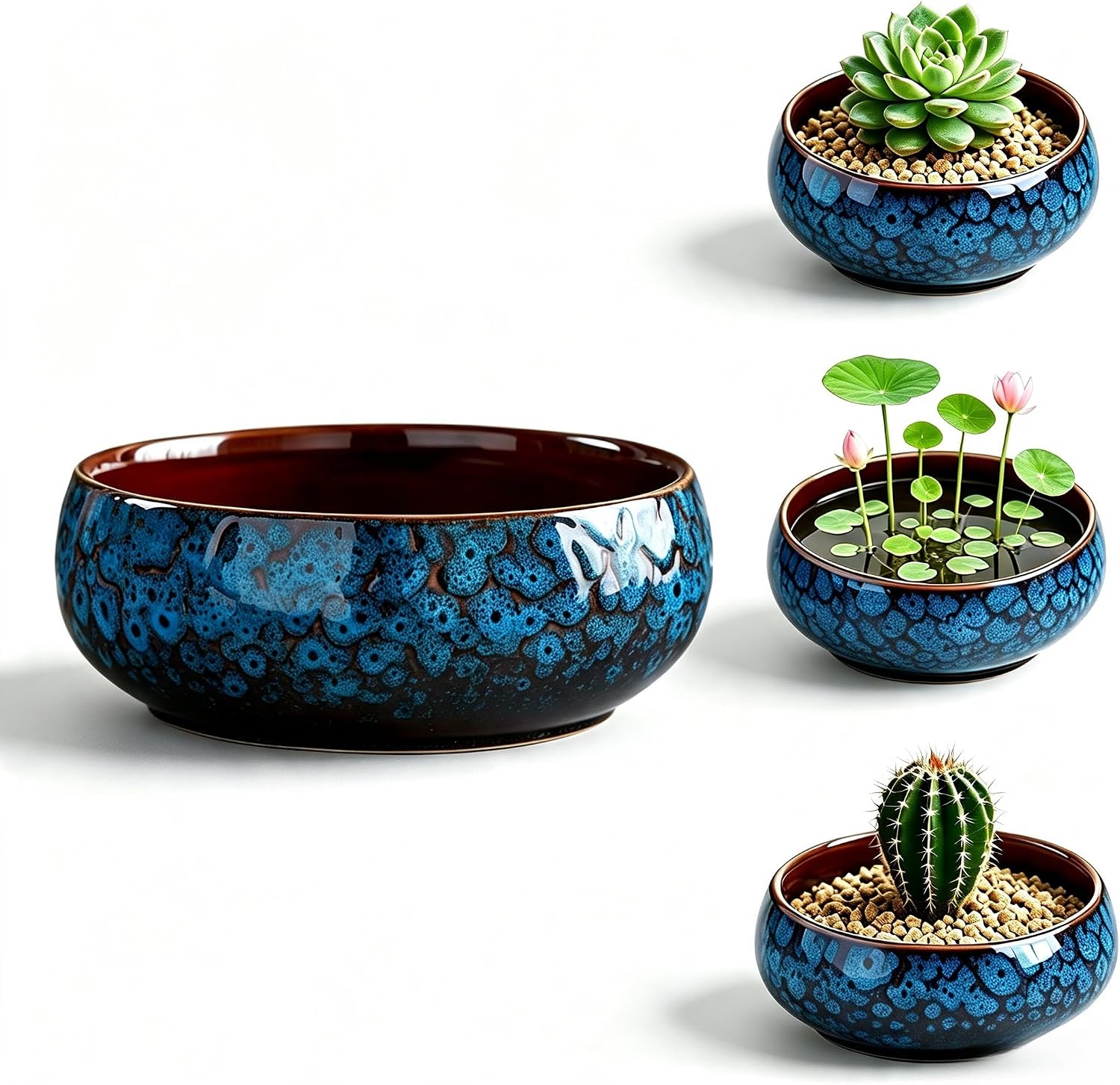 Lotus Bowl Planter, Glazed Ceramic Hydroponic Pot for Indoor Use