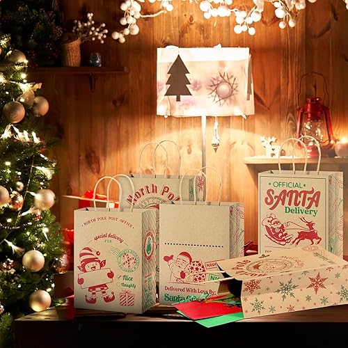 Miniatura 6 de Zonon 24 bolsas de regalo de papel kraft rojo y verde de Navidad, papel de regalo de dibujos animados, entrega especial de Navidad con asas,