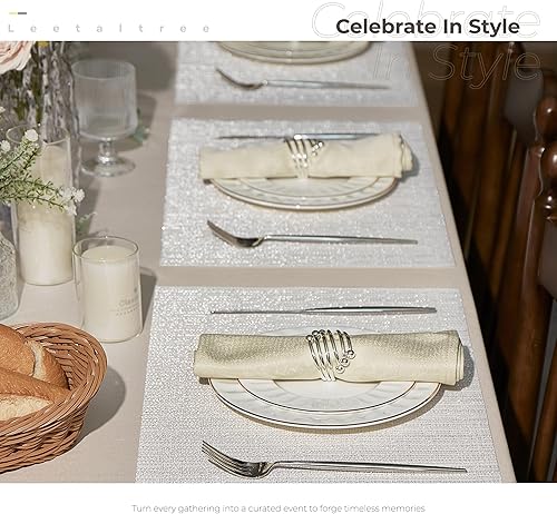Miniatura 3 de Leetaltree Juego de 4 manteles individuales tejidos de lujo, color blanco y plateado, impermeables, lavables, texturizados, para bodas,