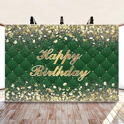 Miniatura 3 de Renaiss Cartel de fondo de feliz cumpleaños de 8 x 6 pies para sesión de fotos, retrato de diamantes dorados, fondo verde de fotografía para hombres