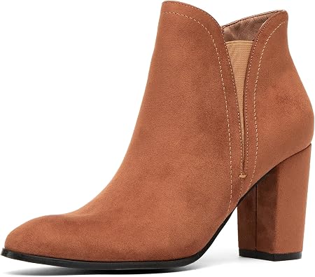 NEWBELLA Womens Suede Ankle Boots - Pointed Toe Chunky Heel Vintage Dress Booties