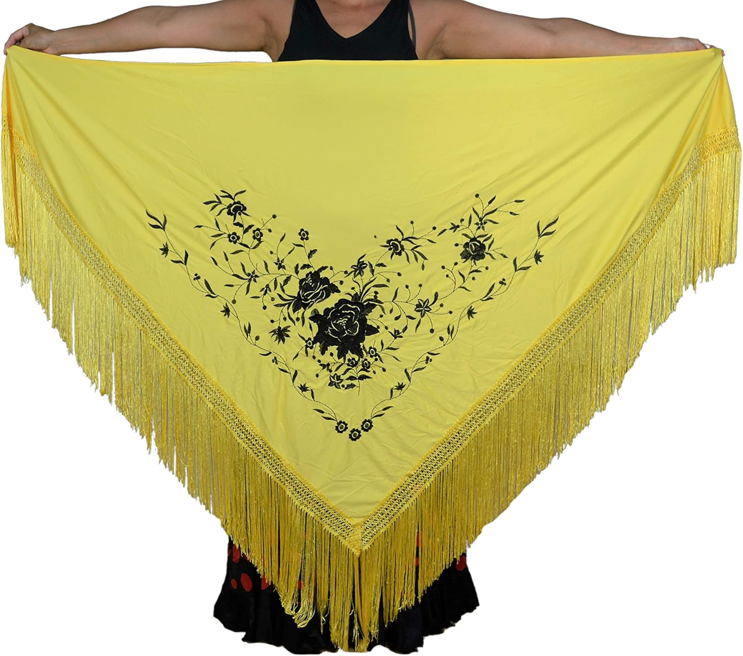 Yellow Flamingo Peak Shawl with Fringes - Black Embroidery on One Side - Large Size 190 x 90 cm