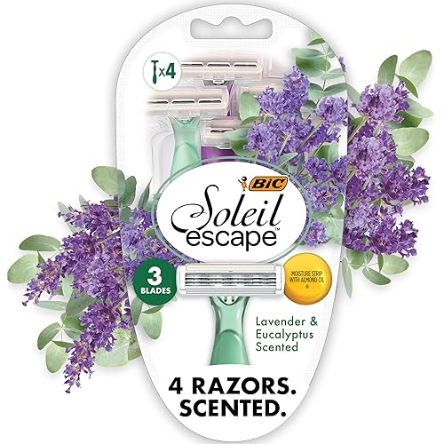 BIC Soleil 3 Escape Scented Women's Disposable Razors, 3 Blades, Comfortable Shave, Lavender & Eucalyptus Scented Handle Shaving Razors for Women, 4 Count
