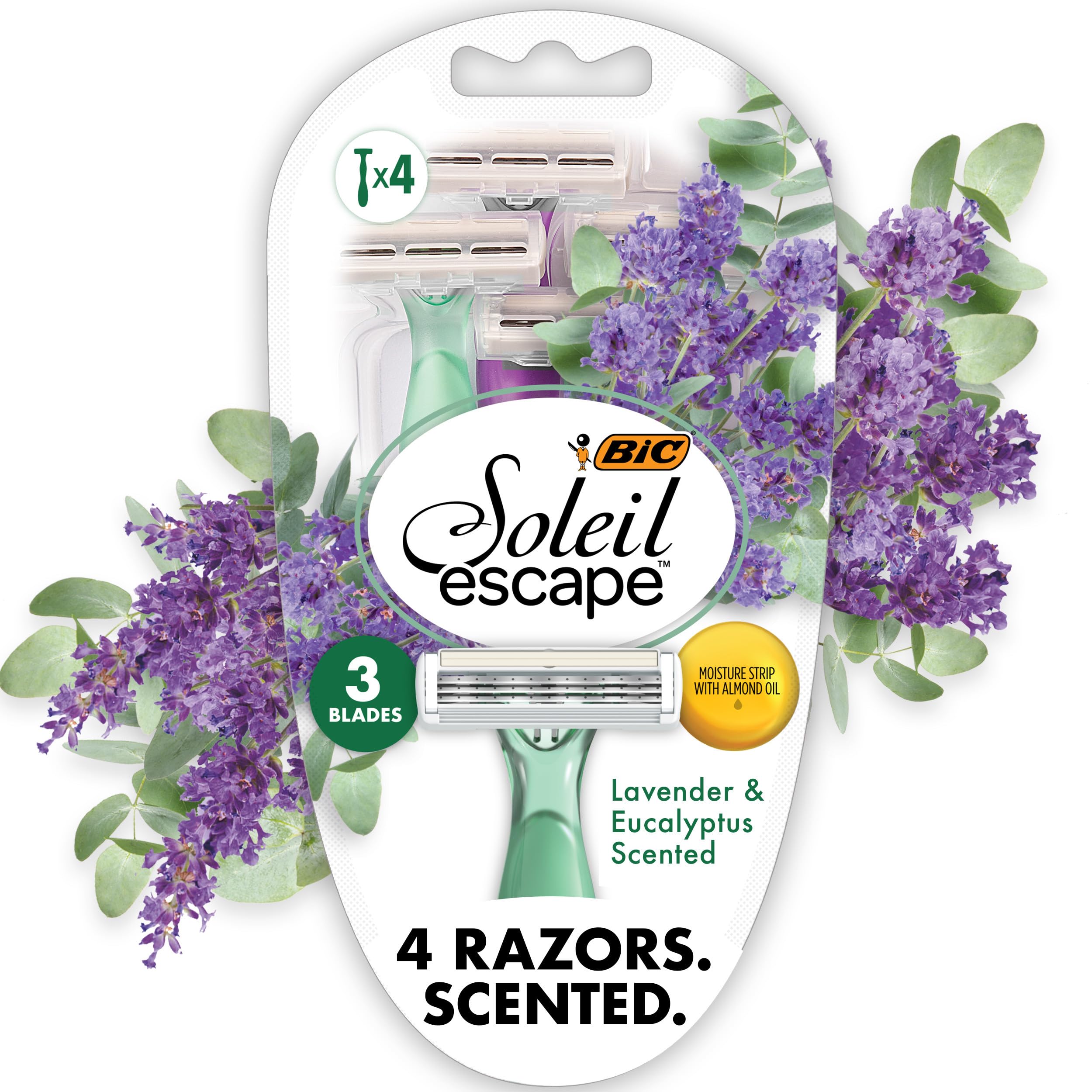 BIC Soleil 3 Escape Scented Women's Disposable Razors, 3 Blades, Comfortable Shave, Lavender & Eucalyptus Scented Handle Shaving Razors for Women, 4 Count
