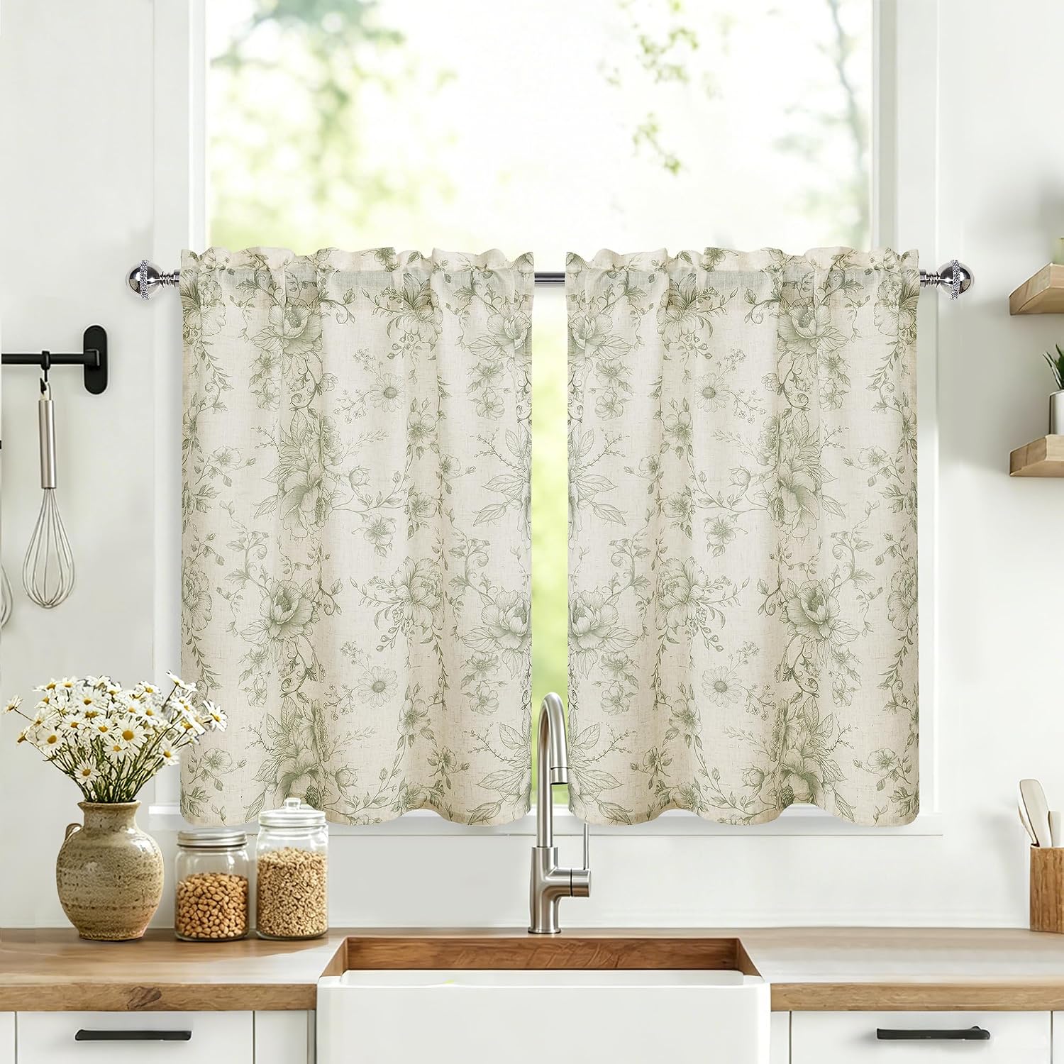 JIUZHEN Farmhouse Floral Linen Cafe Kitchen Curtains 24 Inch Length, Rod Pocket Rustic Light Filtering Tier Curtains for Livingroom/Bathroom, Green Peony Fragmented Flowers, 2 Panels