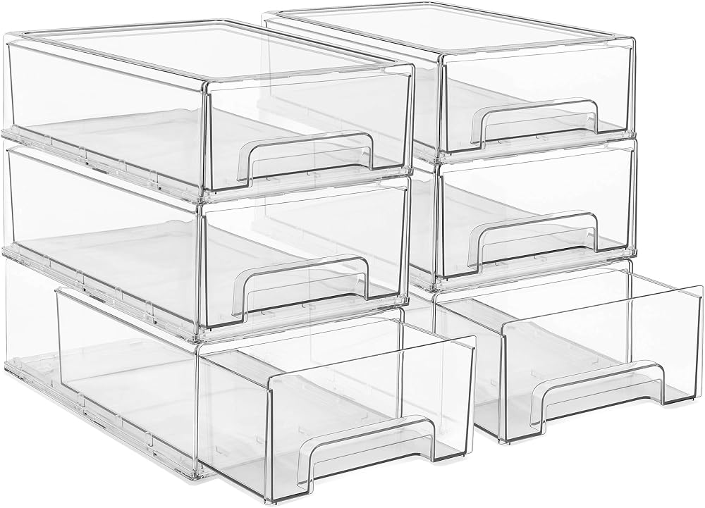 Sorbus Clear Stackable Storage Drawers with Pull-Out Bins (Medium, 6 Pack) | Easy-access plastic organization for pantries, offices, bathrooms and closets; supports sorting and visibility.