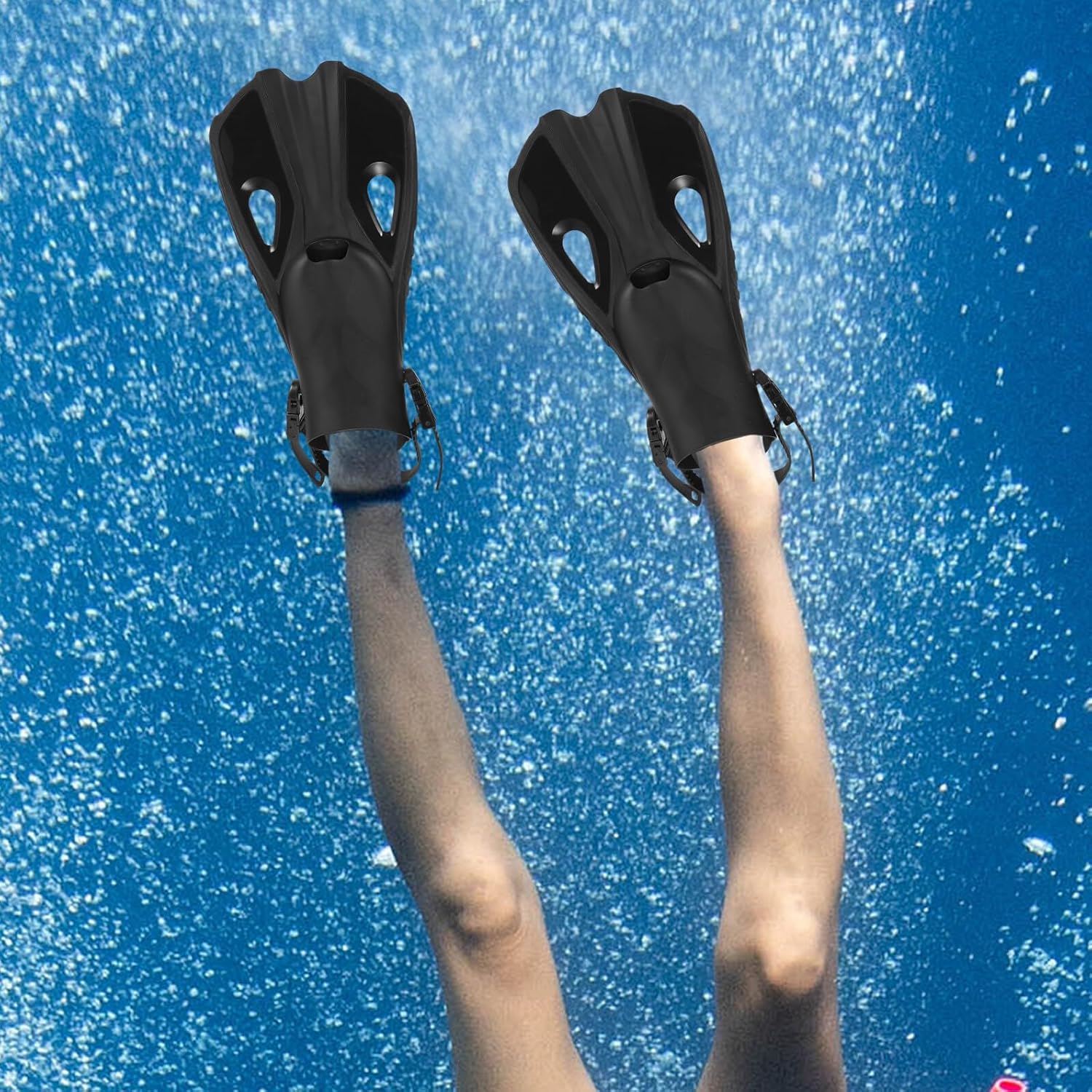 Adjustable Adult Swimming Training Fins for Diving Snorkeling Comfortable Rubber Flippers with Quick Buttons Open Toe Design Suitable for Barefoot Booties Black XL