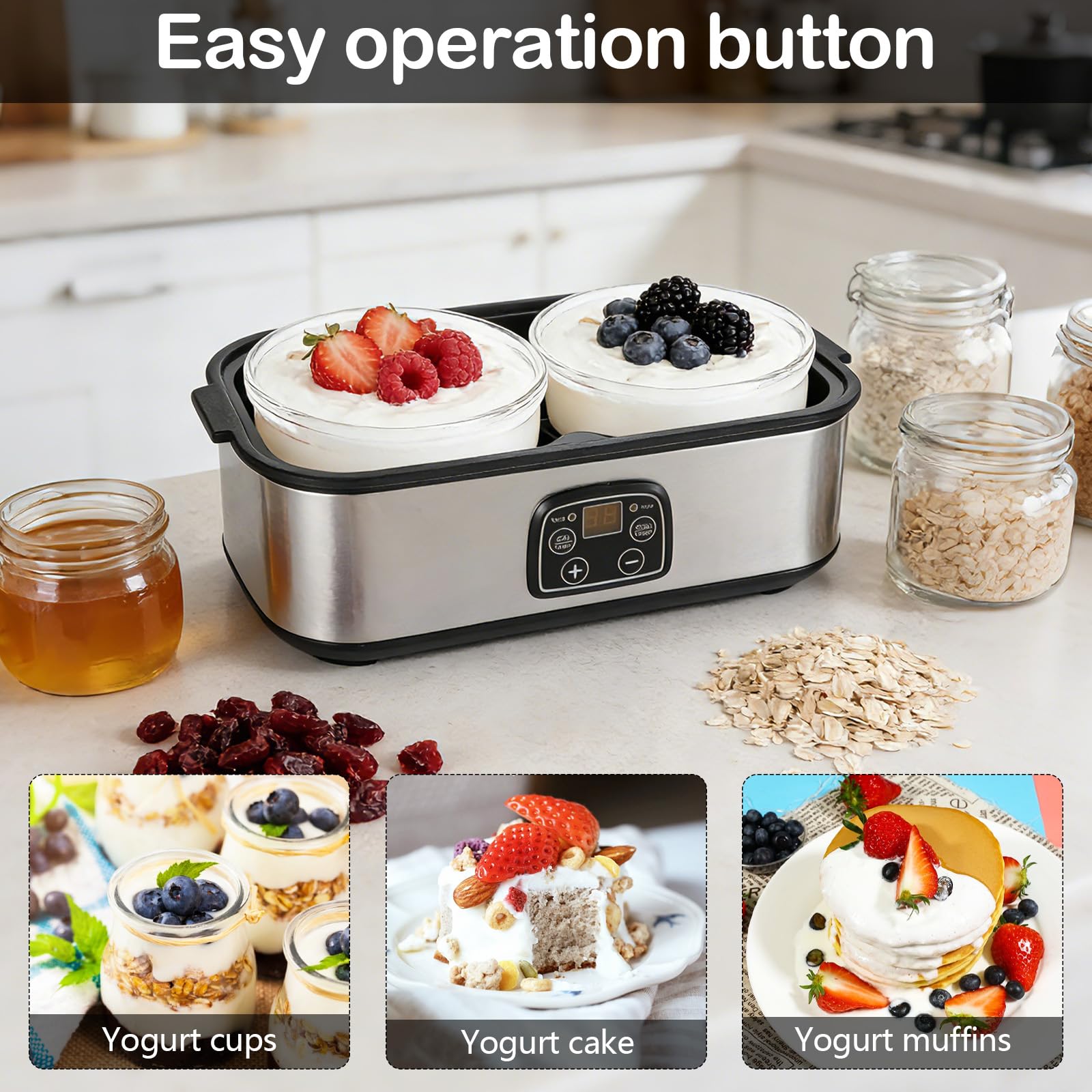 Joghurtbereiter 2L, Joghurt Machine, Digitale Joghurtmaschine aus Edelstahl, Automatischer Joghurt Maker für DIY selbstgemachten Joghurt, Käse oder Natto zu Hause (2 x 1L Gläsern)