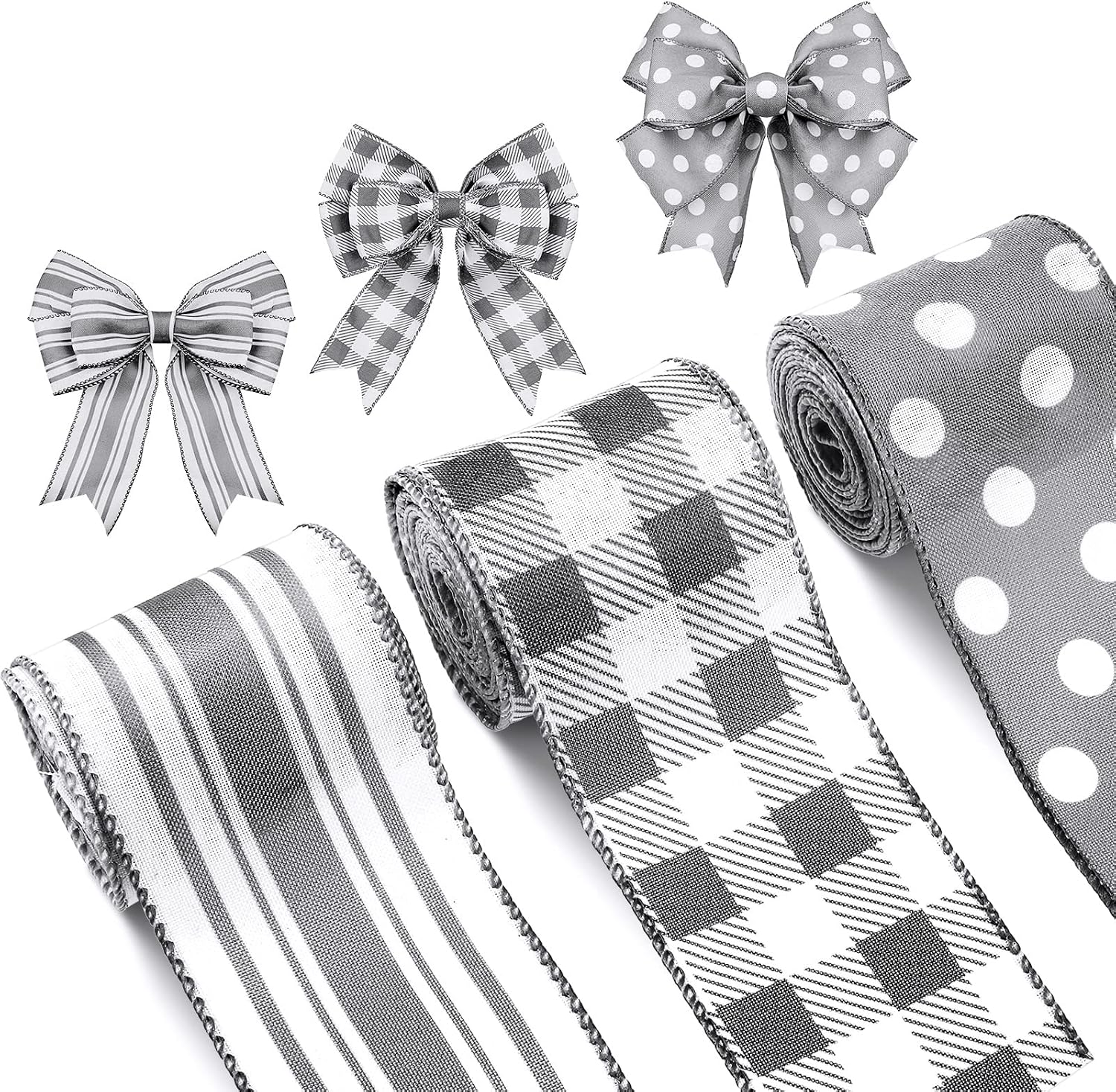 Moukeren Grey Wired Edge Plaid Ribbon 3 Rolls 2.5 Inch Farmhouse Buffalo Check Gray Ribbon Polka Dot Striped Belt Buffalo Plaid Belt Wire Decor for DIY Crafts Gifts Wreath Bow, 15 Yards