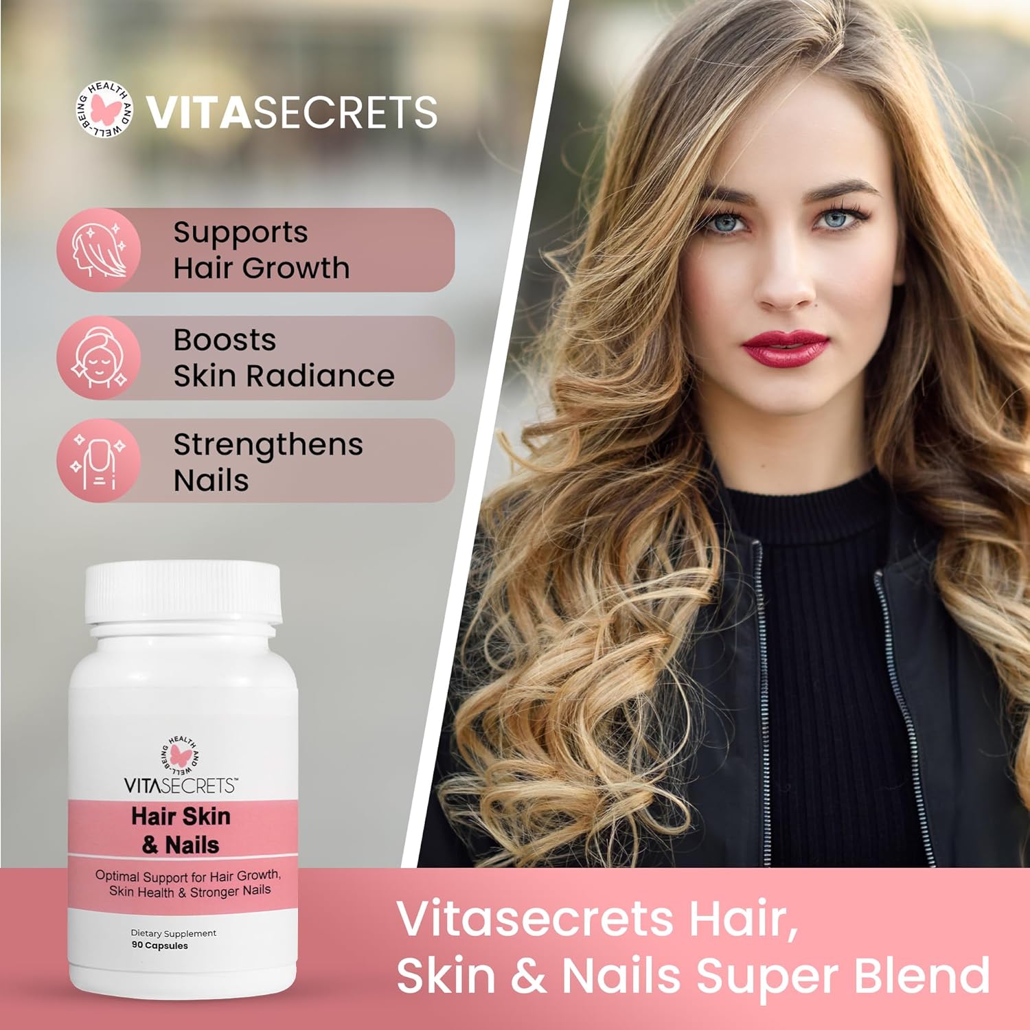 Vitasecrets Hair, Skin & Nails Super Blend – 90 Capsules with Biotin, Collagen, and Hyaluronic Acid for Healthy Hair, Glowing Skin, and Stronger Nails – Non-GMO, Gluten-Free, Made in The USA - Image 3