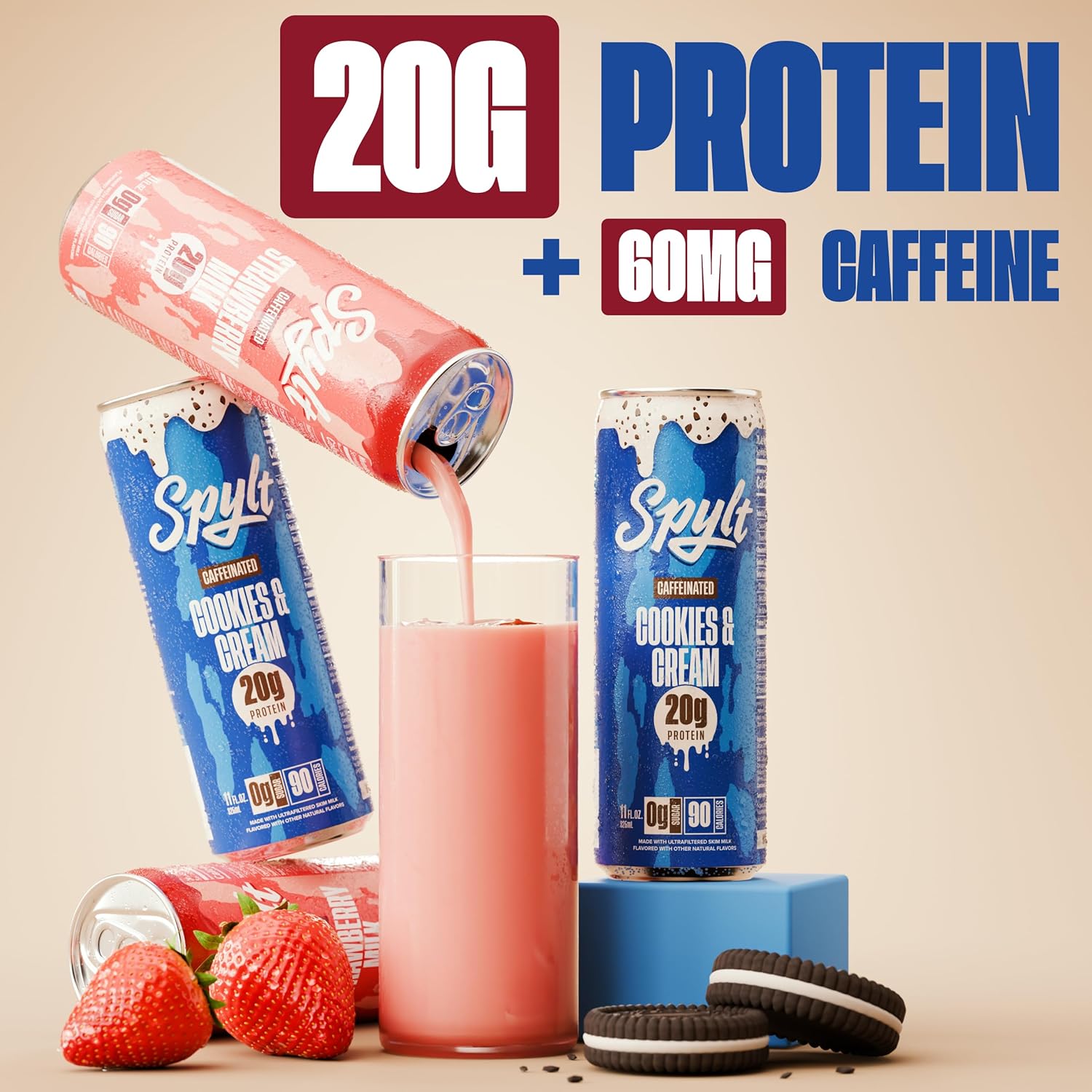 Spylt High Protein Cookies & Cream/Strawberry Milk with 60mg Caffeine & 20g Protein - 90 Calories, Ready to Drink, Sugar Free, Lactose Free Milk, Perfect for Workout Recovery & Afternoon Pick Me Up -