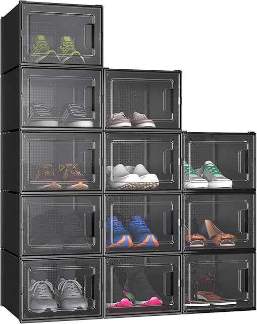 YITAHOME Shoe Box,12Pcs Stackable Shoe Containers,35.8x27.7x20.8cm,Fit up to UK Size 14,X-Large Size Shoe Storage,Non-toxic Plastic Drop Front Shoe Organisers ,Black Shoe Storage Box