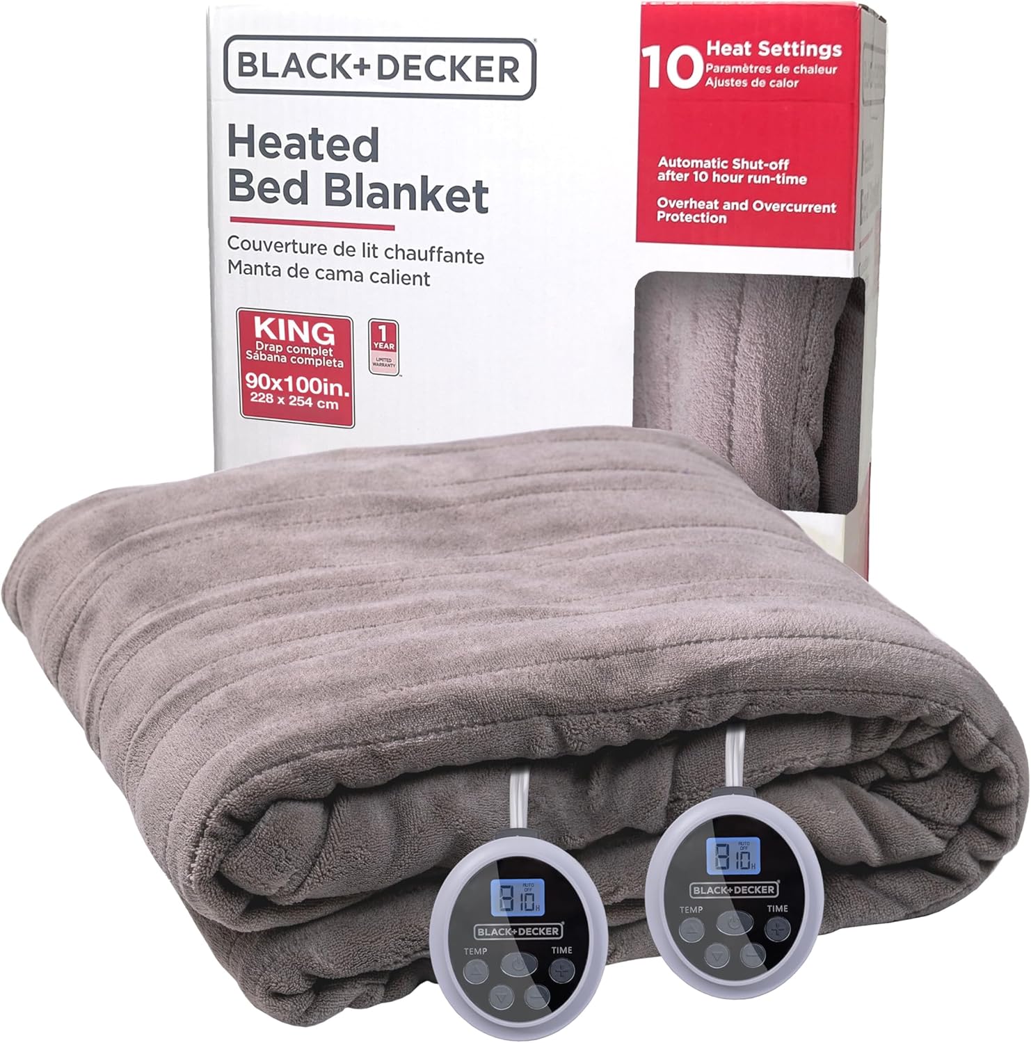 BLACK+DECKER Heated Blanket Electric King, Micro Plush Electric Blanket, Heating Blanket with 10 Heating Levels, 10H Timer, Auto Shutoff, Dual Zone Heating, Fast Heating (90x100 inches, Grey) King Grey