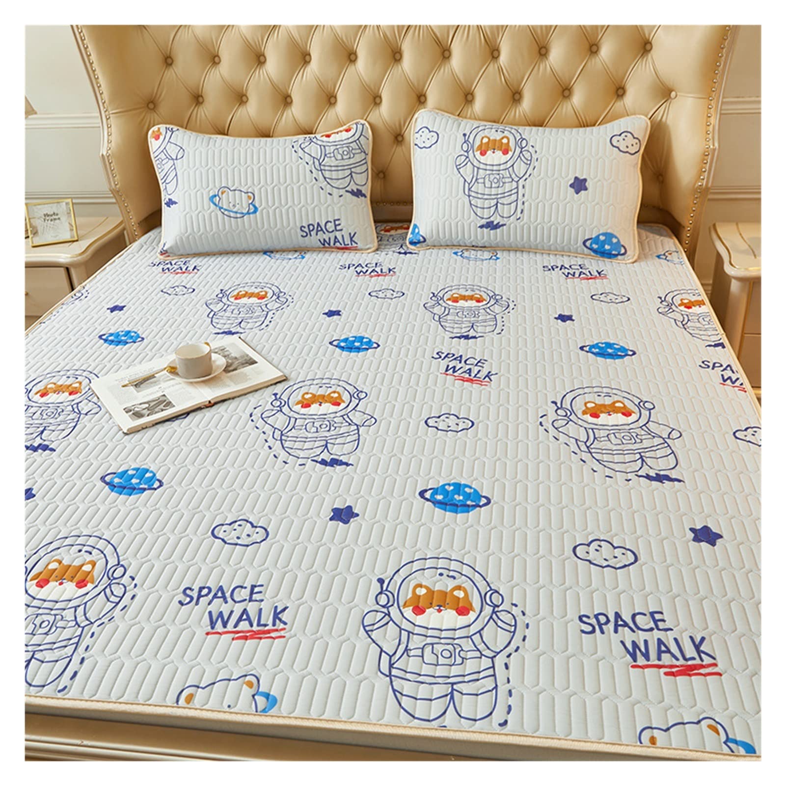 Satin Bettlaken Startseite Bedruckte Thai-Latex-Feilung Sommer-Schlafmatte mit Laken Luftdurchlässige kühle Eisseide Gesteppte Bettmatte Gummiband-Bettmatten(2,120x200cm 2 pcs Set)