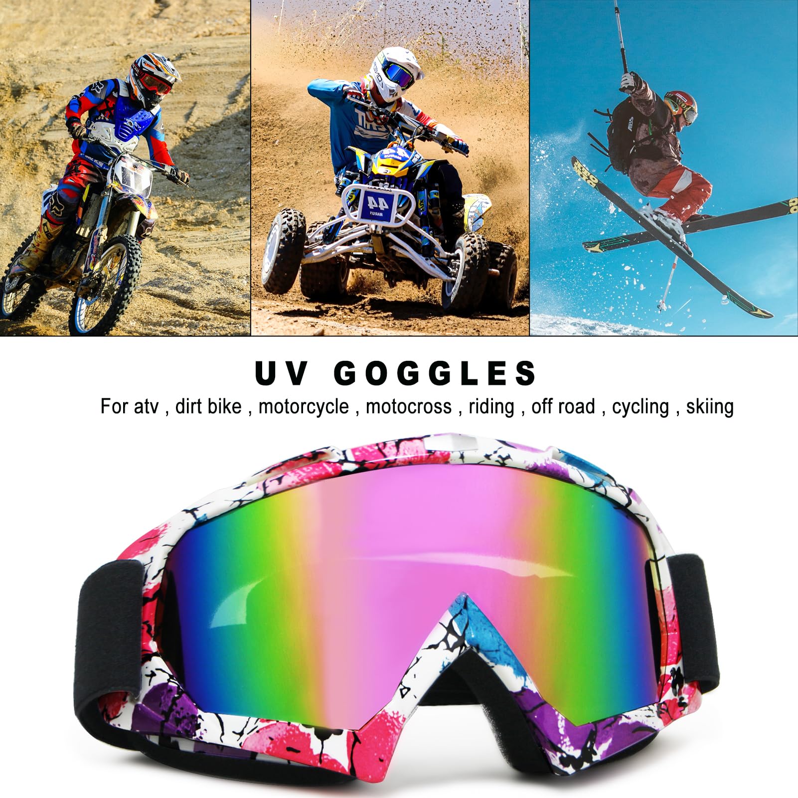Gafas de motocicleta para motocross, cuatrimotos, cuatro ruedas, UV 400, todoterreno, Mx, casco de carreras, para hombres, mujeres, adultos, jóvenes y niños (marco rosa + lente de color rosa)