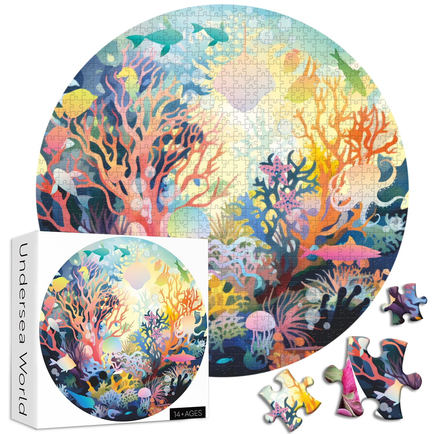 Ocean Puzzles for Adults 1000 Pieces and up, PICKFORU Sea Animals Puzzle Collects Fish Jellyfish, Round Puzzle as Home Decor