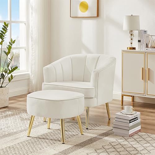 i-POOK Sillón con otomana moderna silla tapizada para espacios pequeños con brazos de cabeza de clavo pata de metal dorado sólido respaldo copetudo