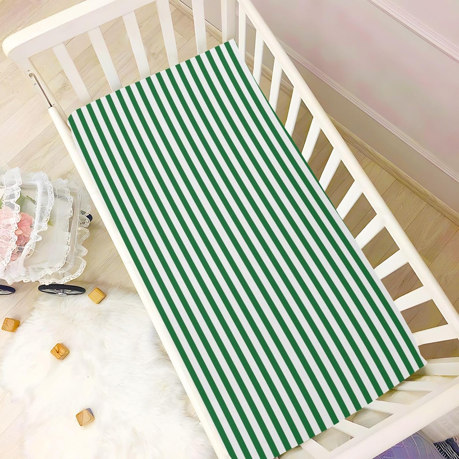 Green White Stripes Crib Sheets for Boys Girls Soft Breathable Mini Crib Sheets for Baby 52" x 28"