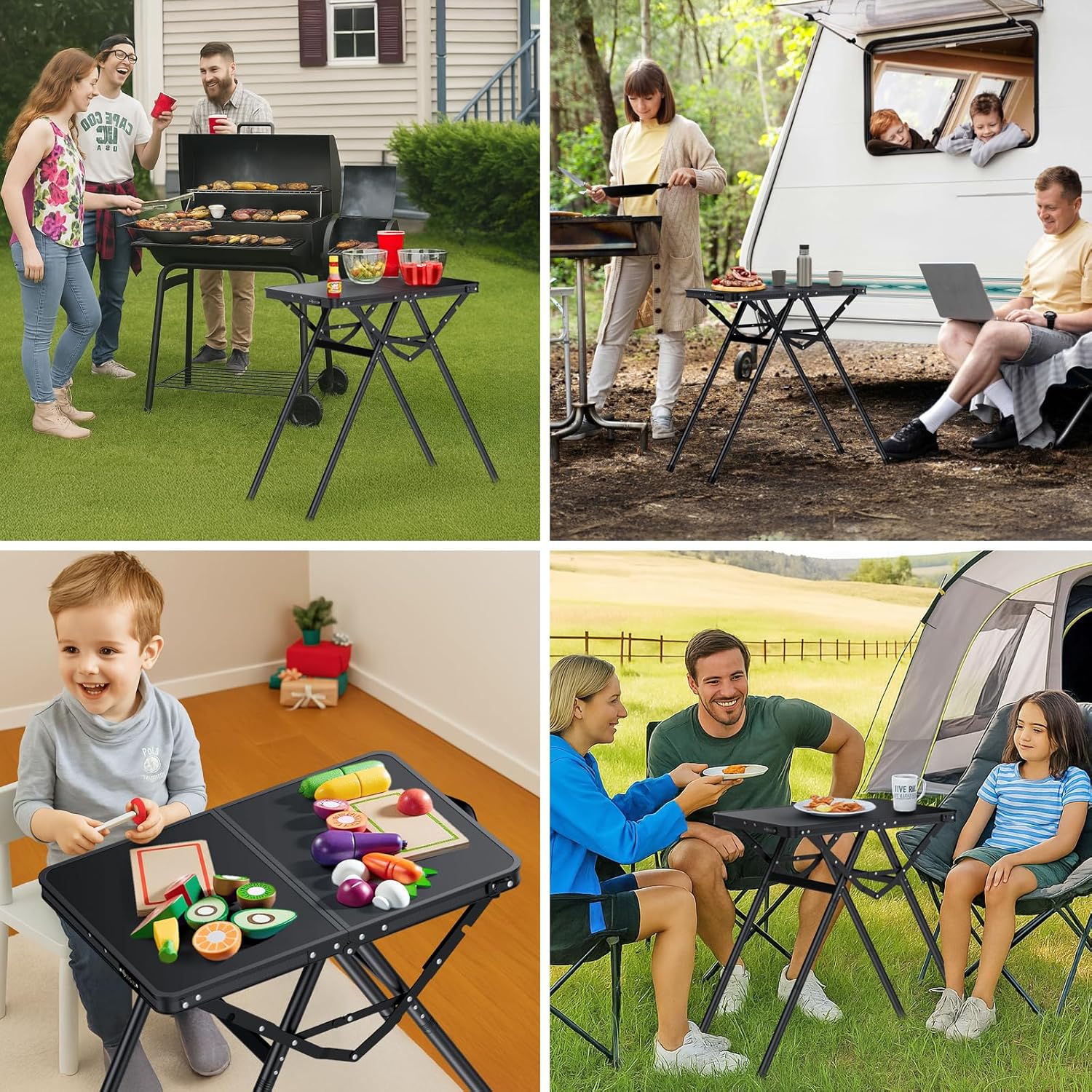 JiGiU Folding Table with Metal Mesh Desktop, Grill Table Camping Table with Carry Handle Adjustable Height (9.7", 28", 18.8"), 180lbs Weight Capacity Outdoor Table for Camp, Cooking, BBQ, RV, Picnic