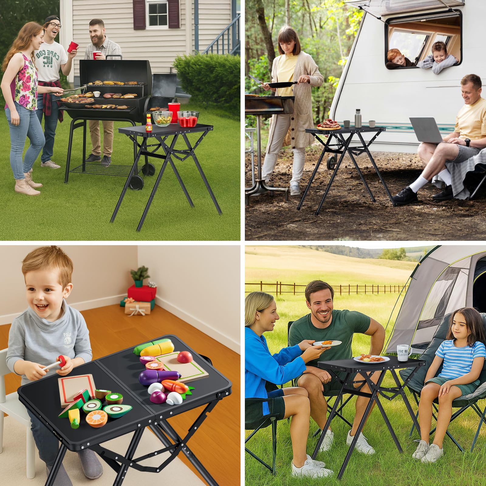 JiGiU Tavolo da Barbecue Pieghevole con Piano MDF, Nero, 60x40 cmAltezza Regolabile 71 cm, Struttura a X Super Stabile, Leggero e Portatile per Campeggio e Giardino