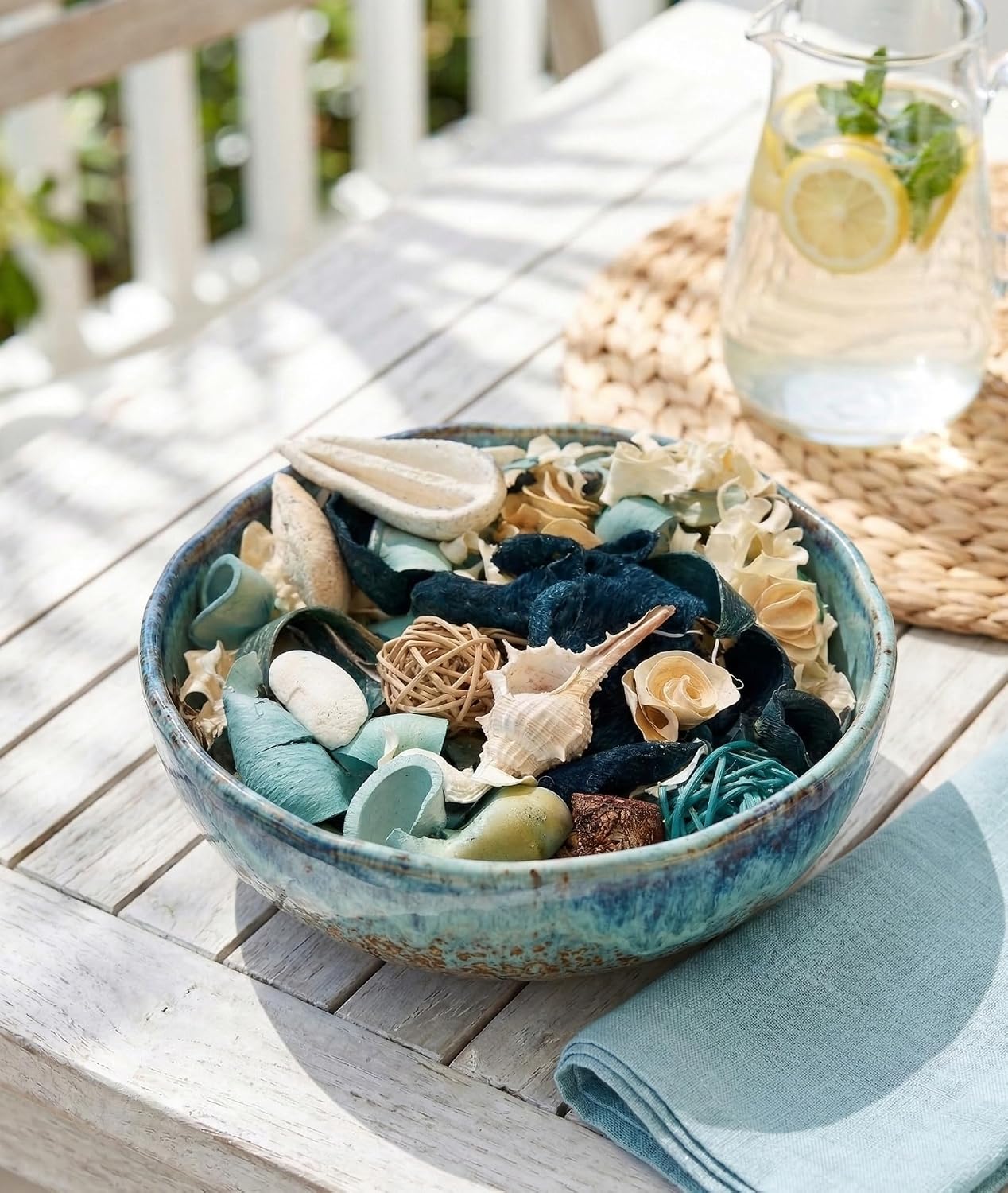 Potpourri Bag Ocean Breeze Scent Large Decorative Bowl Filler Blue Dried Botanical Mix with Coastal Seashell, Natural Pod, Deco Ball Home Fragrance, Vase & Centerpiece Decor